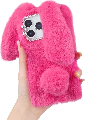 Omio Compatible with iPhone 17 Pro Max Rabbit Case, Soft Fluffy Furry Cute Bunny Plush Rabbit Cover Warm Big Ear Bling Crystal Rhinestone Bowknot Ultra Thin Case for Women Girls Rose