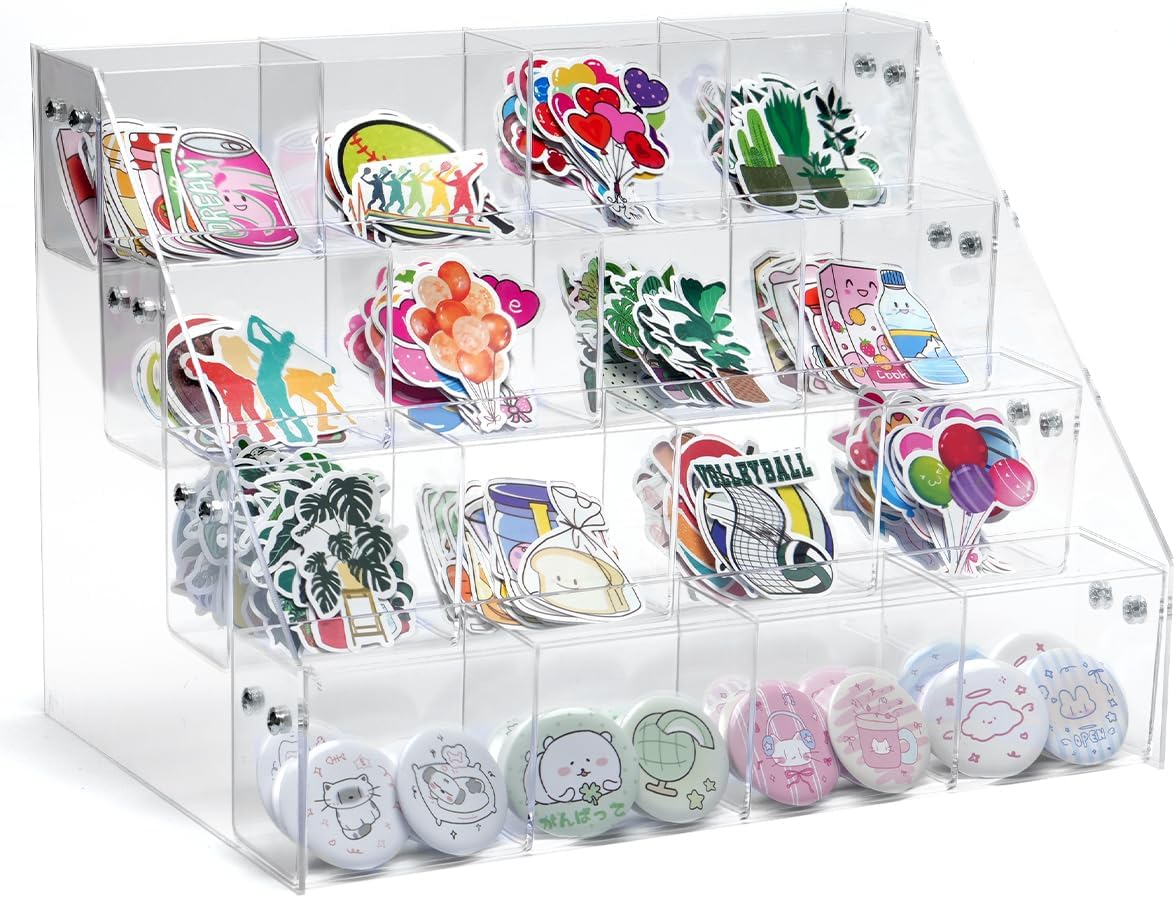 UCEC 4-Tier Sticker Display Stand for Vendors, 16-Pocket Acrylic Display Stands for 4'' Large Stickers & Card Stand, Organizer for Trade Shows, Retail Stores, Small Business Supplier Events
