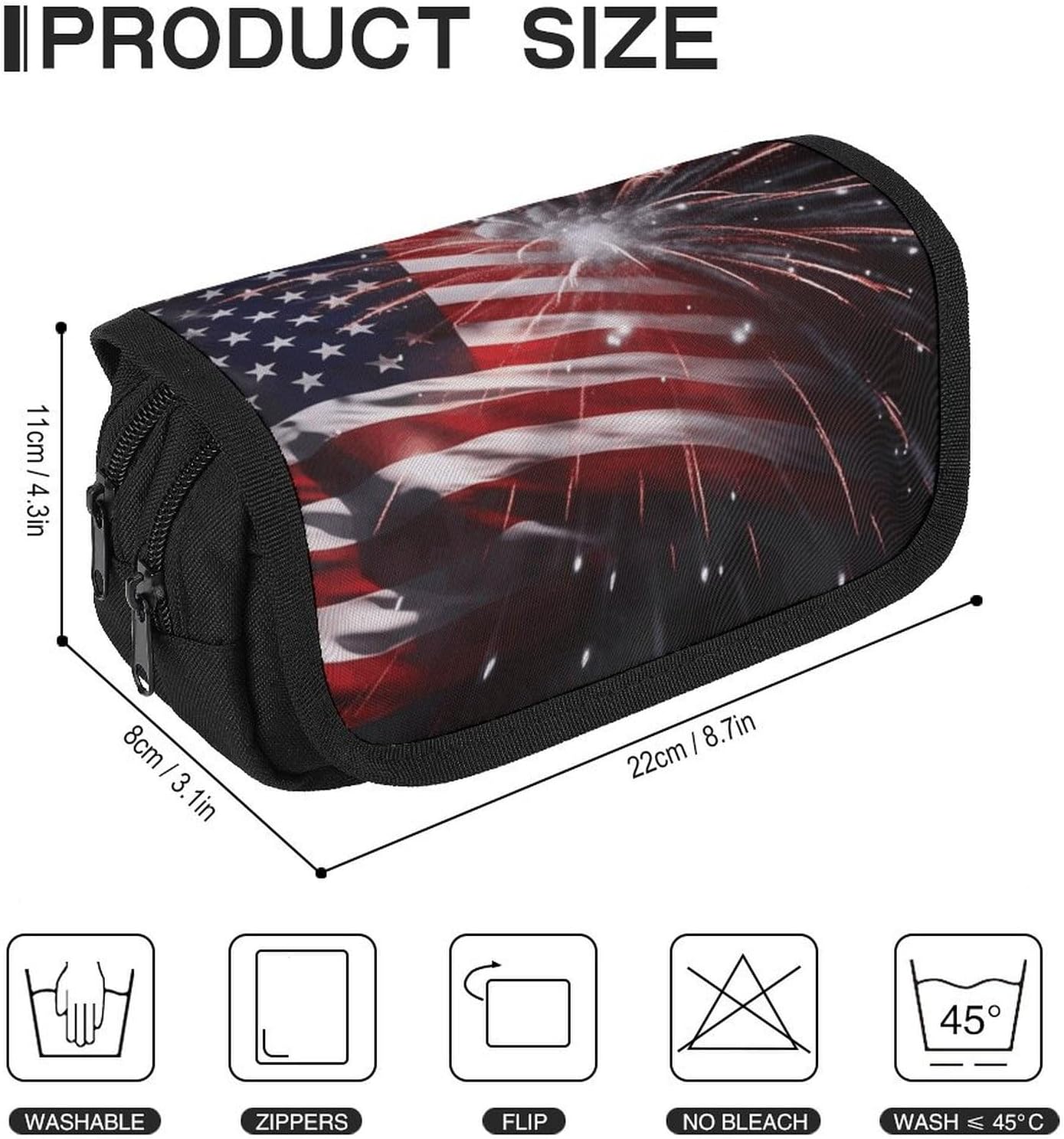 Pencil Pouch American Flag Firework Pencil Case for Men Women Cosmetic Bag Aesthetic Pen Bag for Office Multifunctional Bag Marker Pen Case