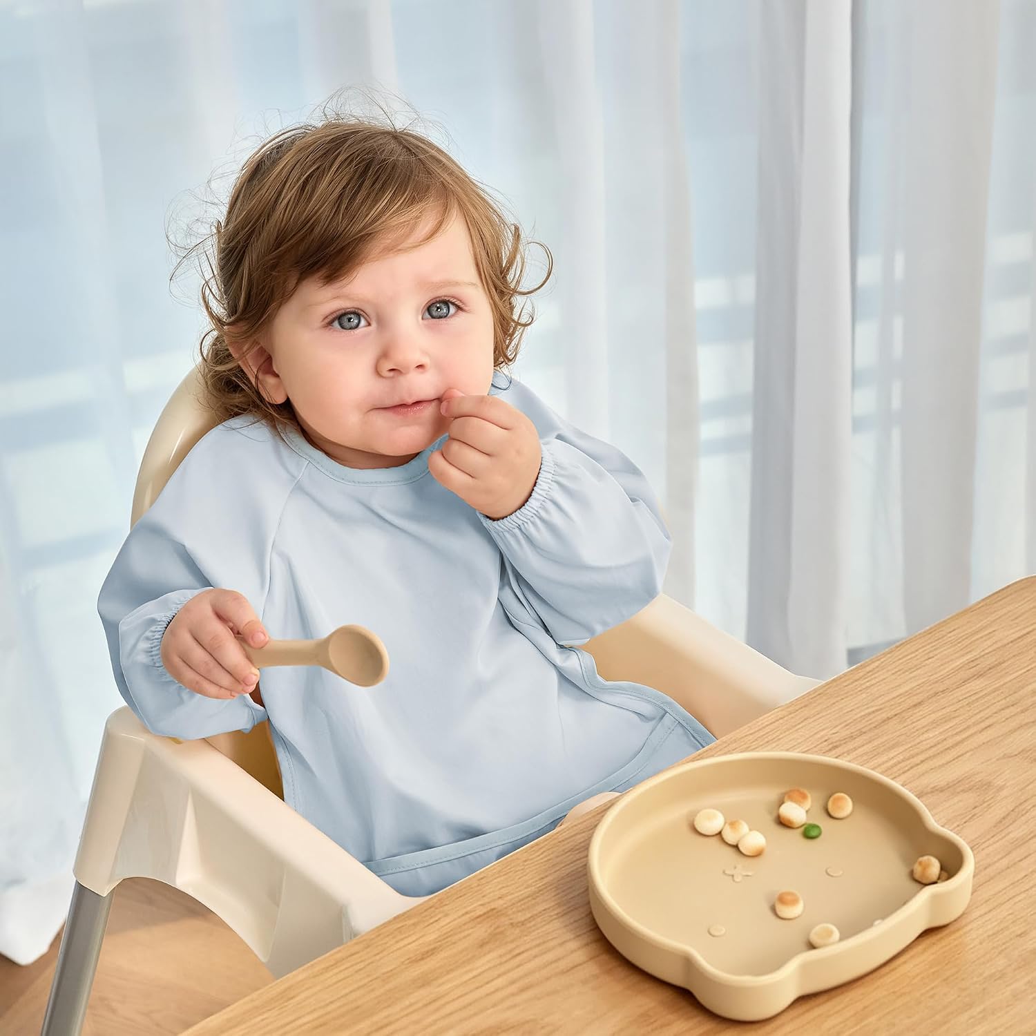 Bearmoss Baby Long Sleeve Bib Waterproof Front Crumb Pocket 2 Pack image 3