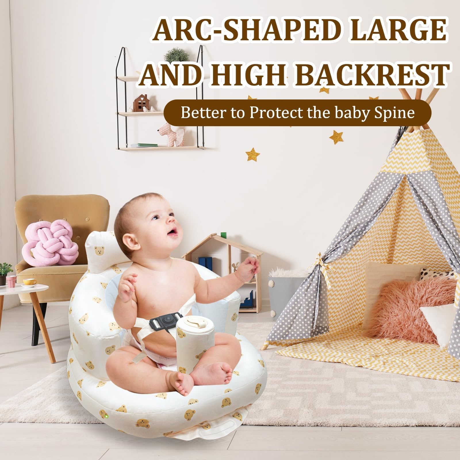 Aufblasbarer Baby Sitzstuhl – Integrierte Luftpumpe, Ideal für 3–36 Monate Alte, Tragbarer & Bequemer Sitz für Zuhause und Reise Fünf-Punkt-Beschreibung