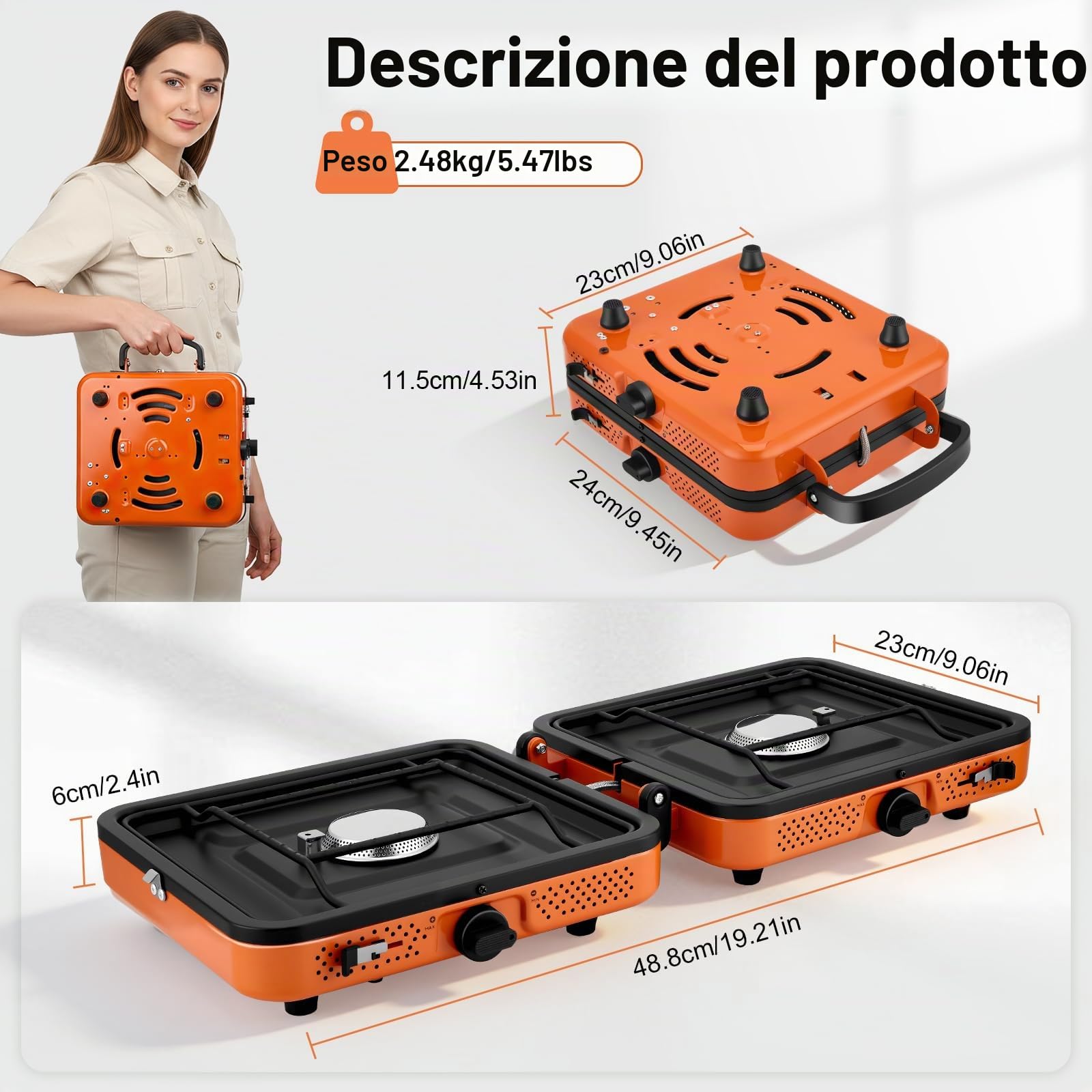 Fornello da campeggio portatile a 2 fuochi da 4400 W, potente fornello a gas per cucinare all'aperto, pieghevole con accensione, ideale per escursioni, picnic e viaggi