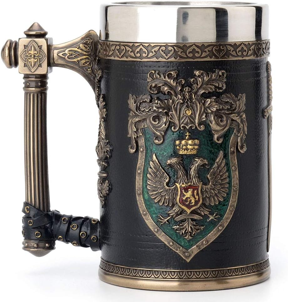 Veronese Design 6.25 Inch 0.5 L Double Headed Eagle Crest Axe Handle Beer Stein Stainless Steel Tumbler Antique Bronze Finish Sculpture Tabletop Decorative Cup
