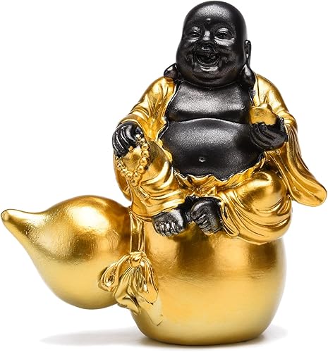 BRABUD Buda riendo de resina sentado en la estatua de calabaza atrae riqueza suerte negro y dorado decoración de escritorio para el hogar 5.9