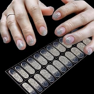 Shimmery Gel Nail Strips Silvery French Tip Clear Gel Nail Art Stickers 20 Extra-Long Glitter Manicure Wraps