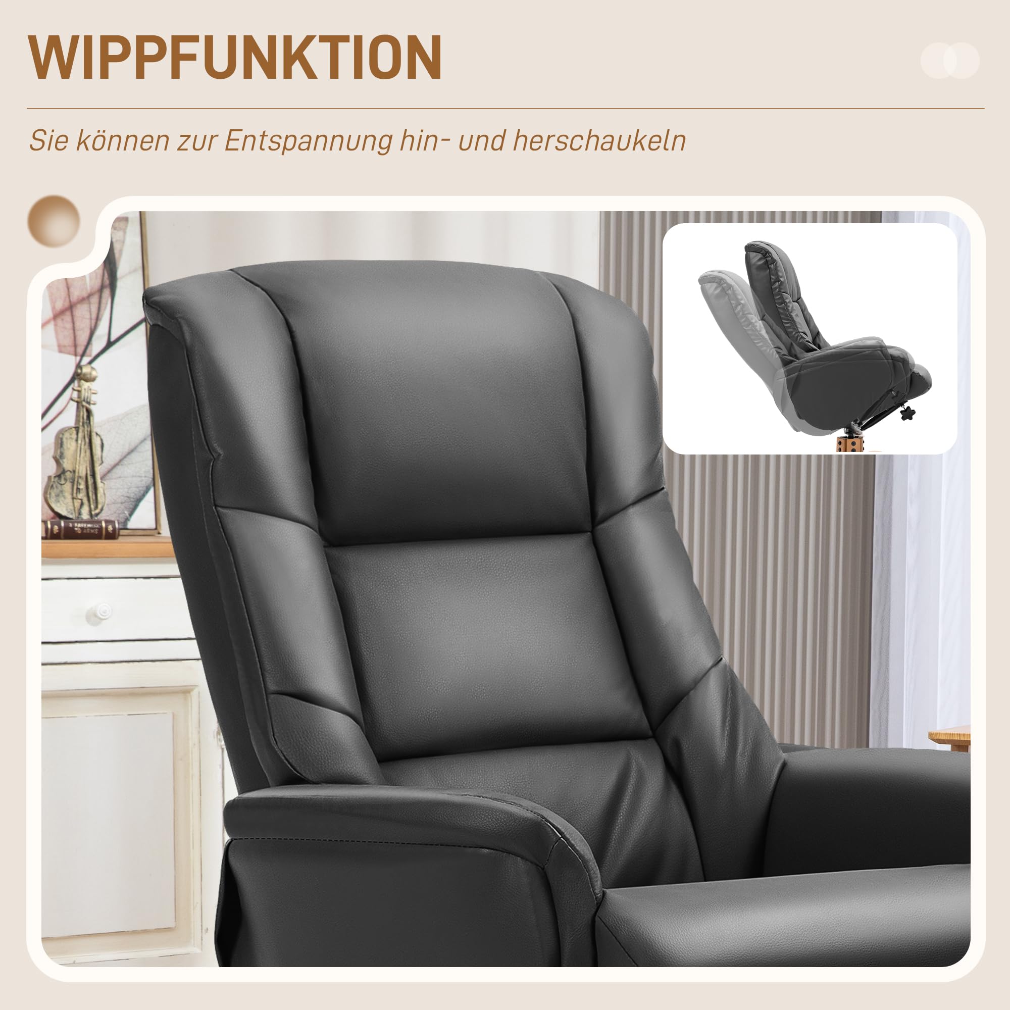 HOMCOM Relaxsessel mit Hocker, Liegefunktion, Kunstleder, Schwarz
