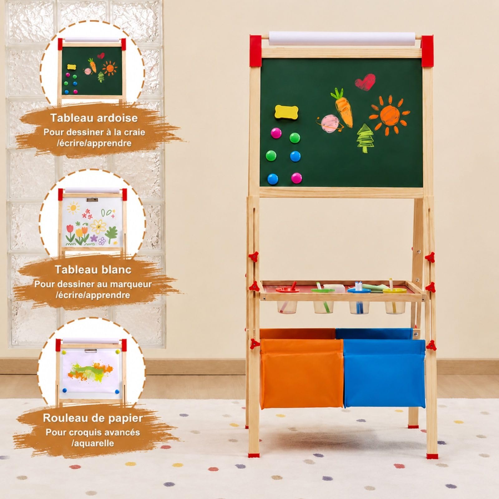 Chevalet d'art en bois double face avec tableau blanc magnétique et tableau noir, hauteur réglable, pour dessin et écriture