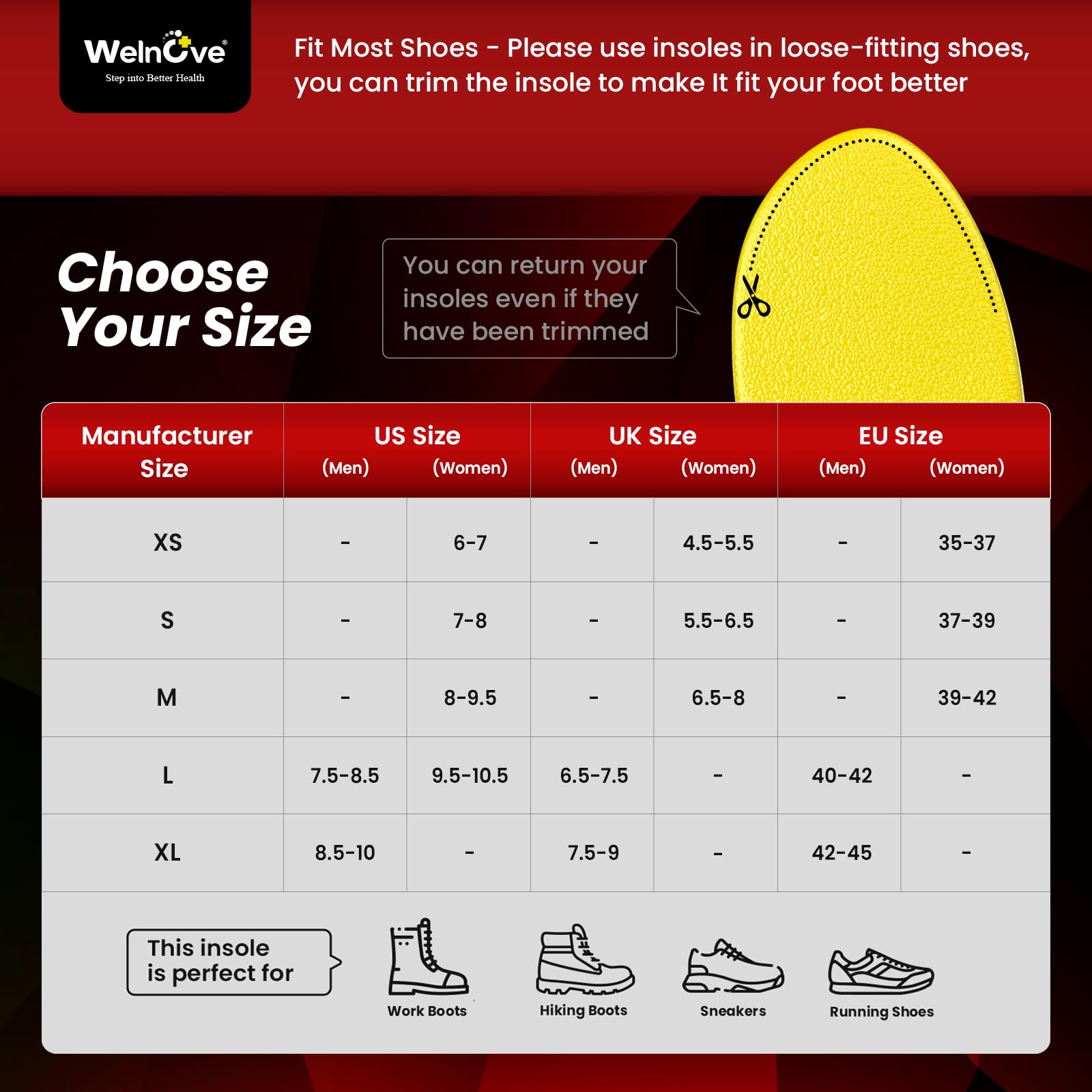 Walk Comfort Insoles - Welnove Pain Relief Insoles with Arch Support Cushion Inserts for Walking, Work & Travel - All-Day Comfort for Standing on Feet,Anti Fatigue - XL