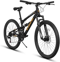 Ecarpat Full Suspension Mountain Bike 24/26 Inch Wheel, 21-Speed Mountain Bicycle with Dual Disc Brakes Thumb Shifter, Carbon Steel Frame MTB Bike for Teenagers Adult Men Women Trail Commuter