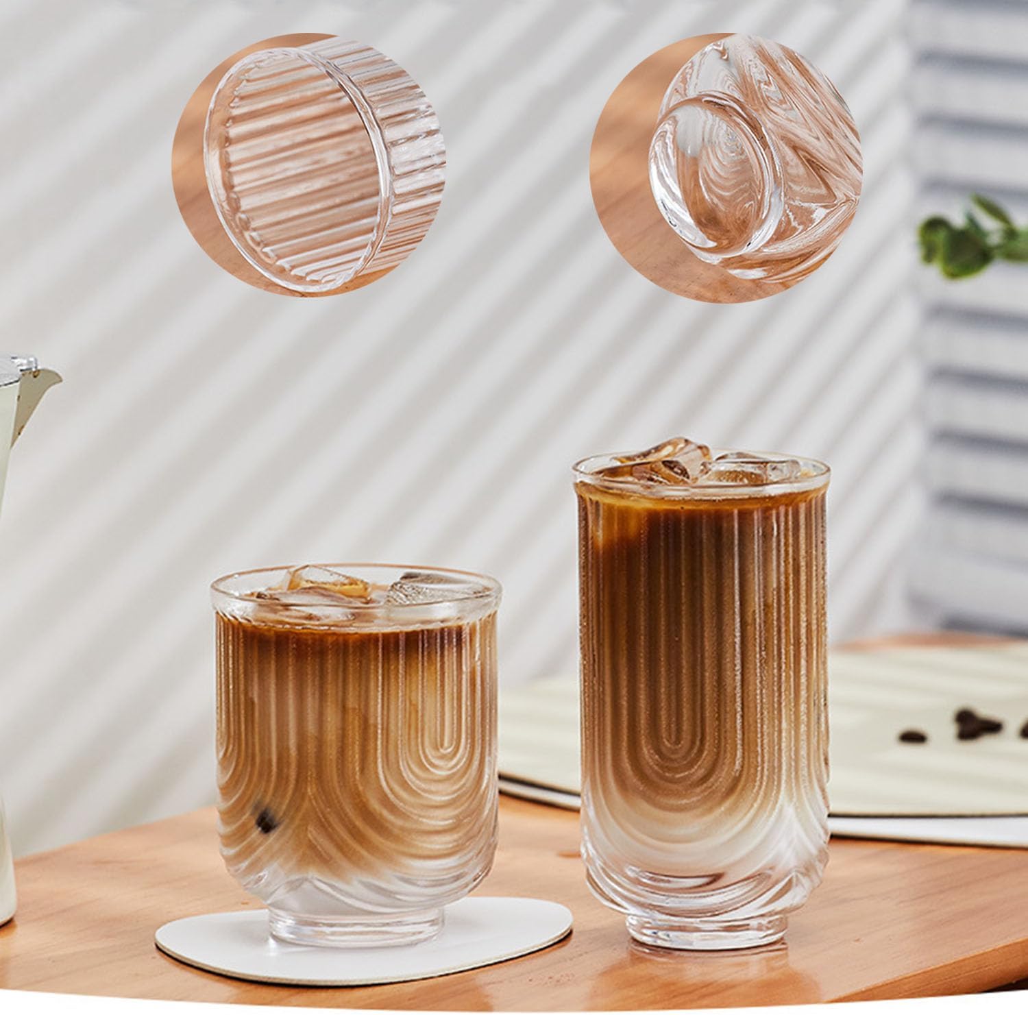 Coffee Mug,Crystal Drinking Glasses, U-shaped Ribbed Glassware Set of 4, Iced Coffee Cup, Vintage Glassware for Cocktail, Whiskey, Beer, Juice, Aesthetic Cup for Gifts