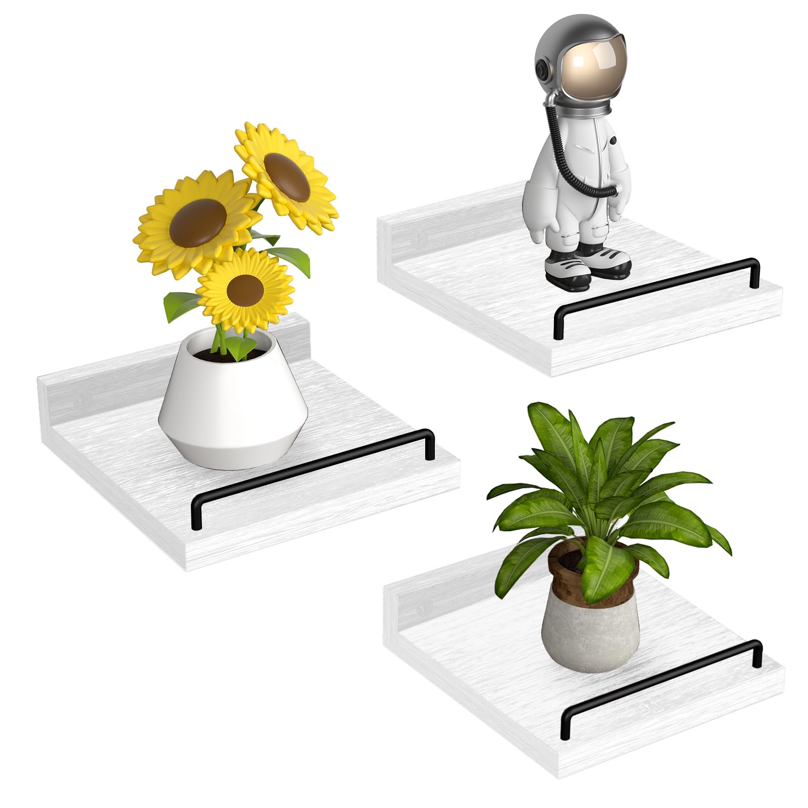 RYOFOBETTO Small Floating Shelf, 6 X 6 Inches Farmhouse Wall Shelves for Living Room, Bedroom, Picture Frames, Plants, Kitchen, Set of 3 (White and Black)