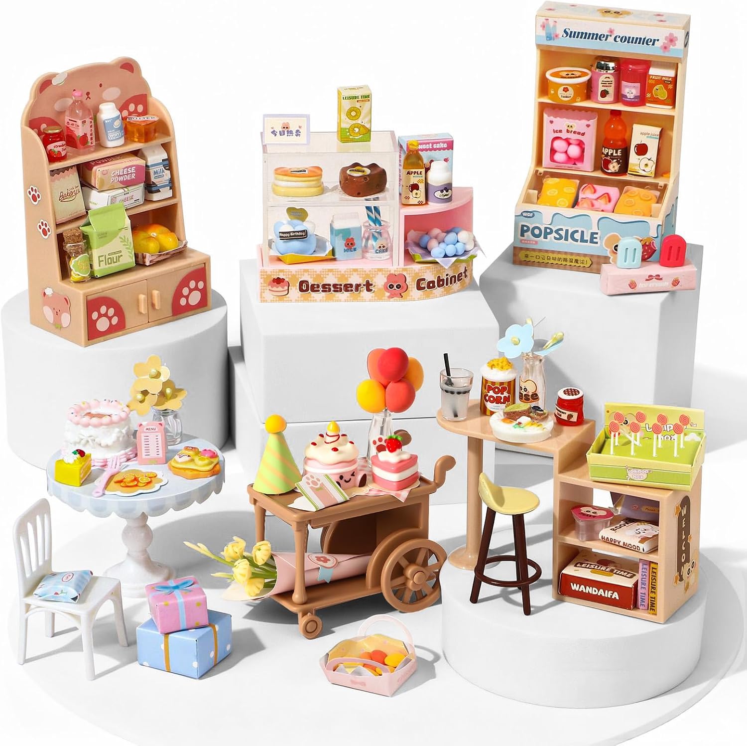 Cleboen 100+PCS Miniature Shop Playset, 6-in-1 DIY Dollhouse Accessories with Mini Food, Display Cabinets, Dessert Table & Cafe Furniture, Pretend Play Gift for Girls Boys Ages 6+