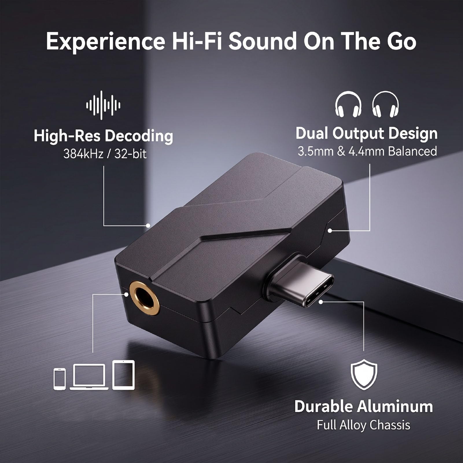Sxhlseller Amplificador de Auriculares IEM DAC Portátil, USB C HiFi DAC Amp 384KHz/32bit, Salida de 3,5 Mm 4,4 Mm, Decodificador de Audio de Aleación de Aluminio para Teléfono PC