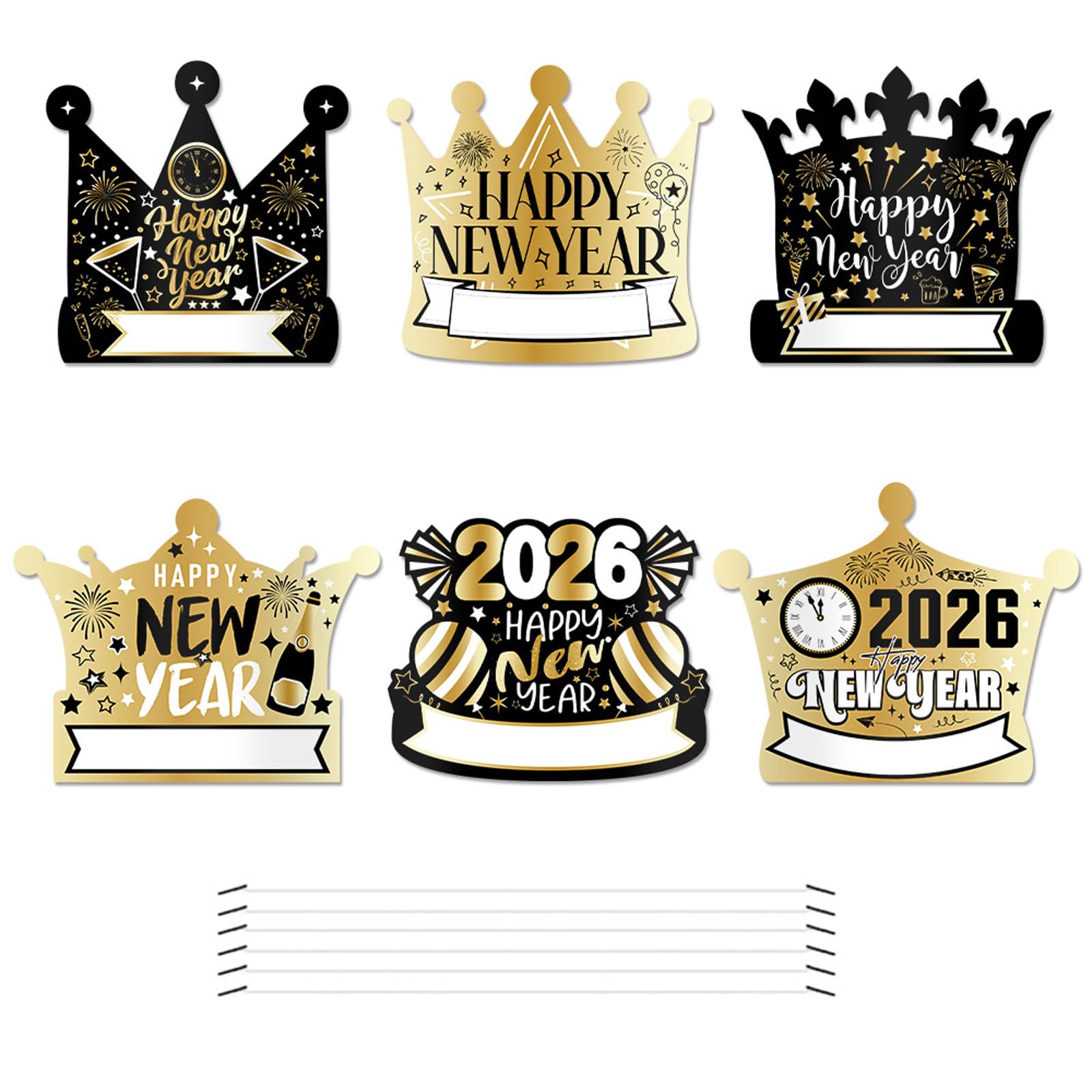 Yhplxyuus 6PCS 2026 New Year Crowns Black Golden Adjustable Headbands for Adults Kids Celebration Party Supplies Comfortable Celebration Headwears