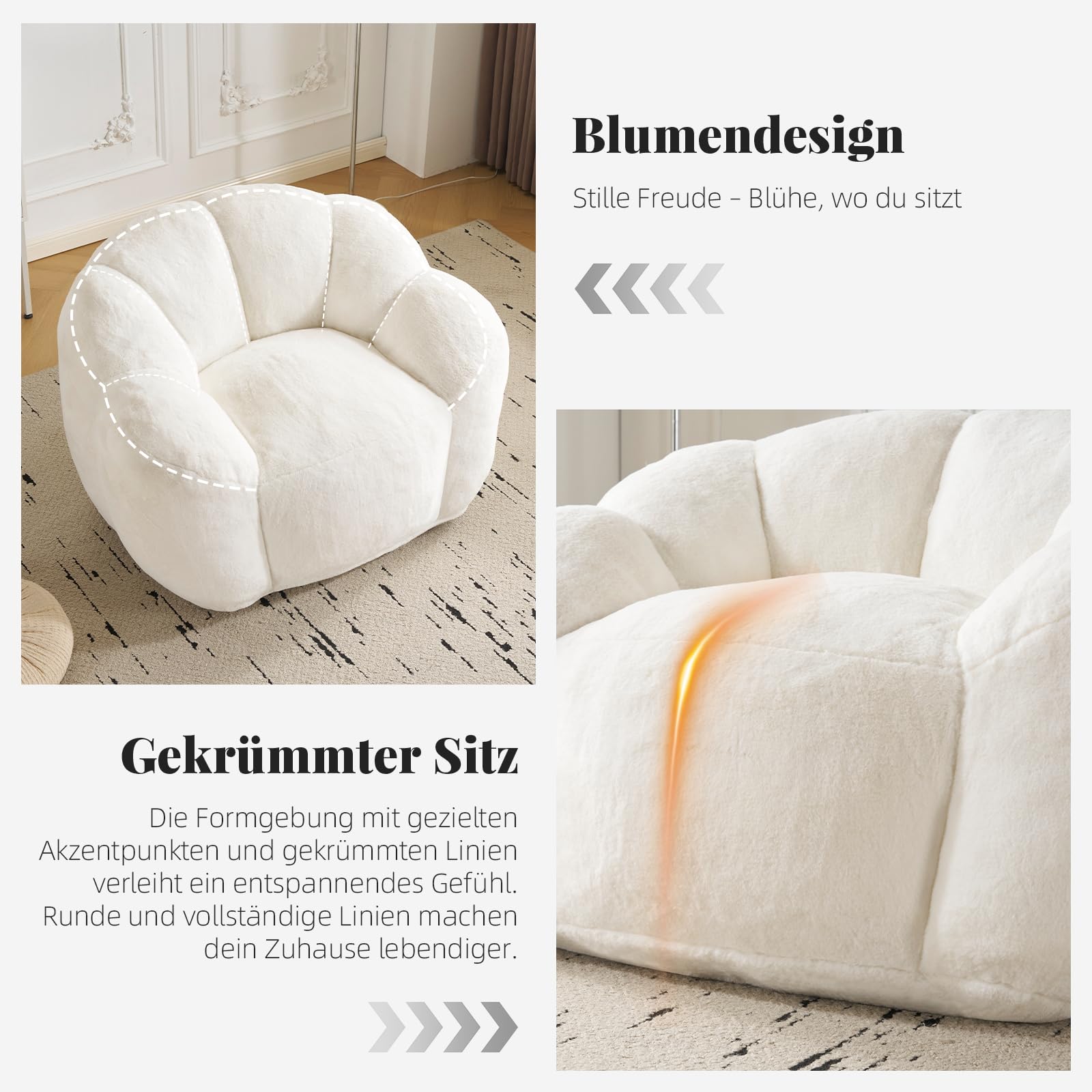 Sitzsack Erwachsene mit Füllung, Petalenförmiger Sitzsack, Großer Bean Bag aus Kunstfell, Bequemer Lounge Sessel, Hochdichter Schaumstoff, Schlafzimmer, Wohnzimmer, Milchweiß