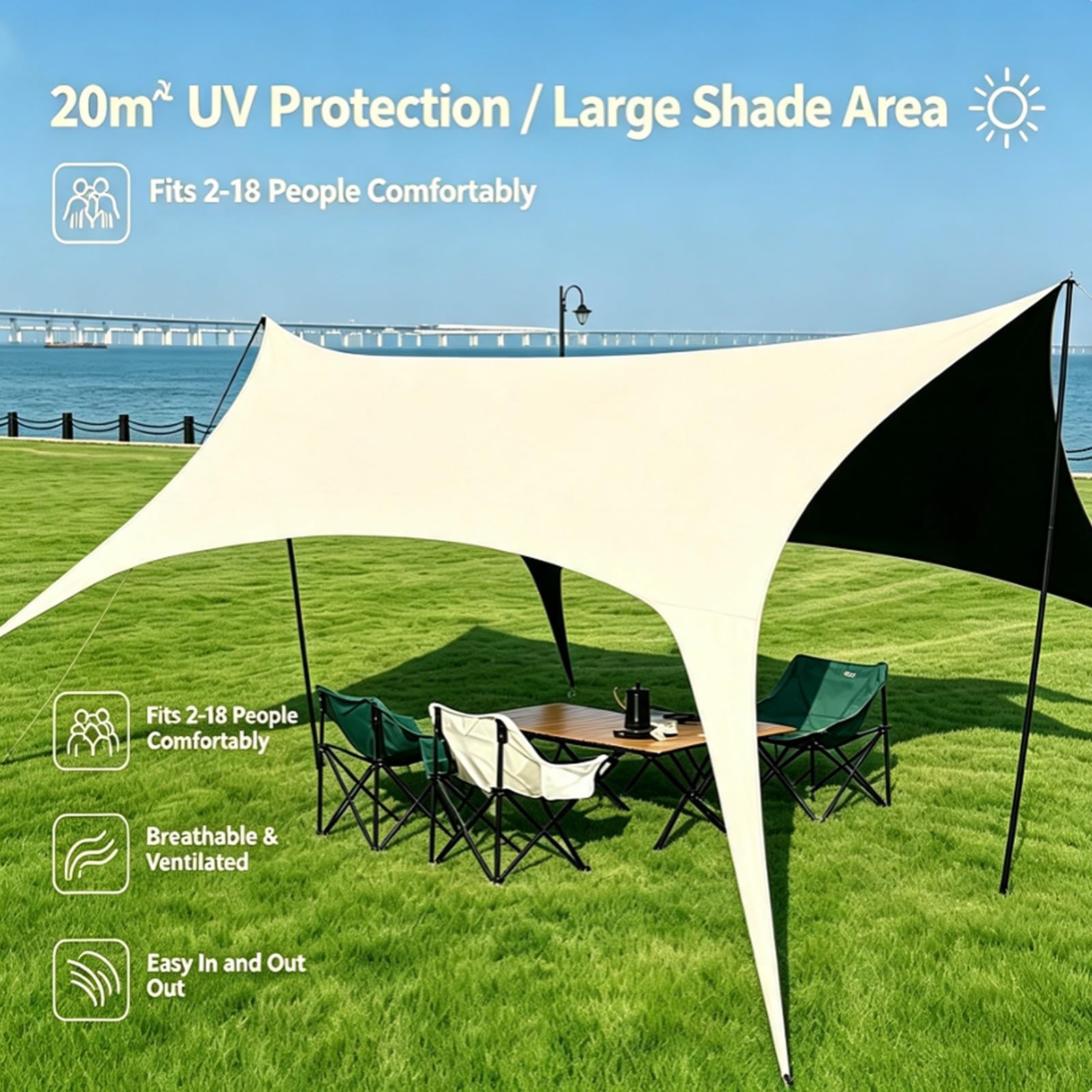 Plachta campingowa z drążkami schron cienia na piknik zewnętrzny | Ochrona UV, przewiewne wodoodporne schronienie dla 2–18 osób na biwak i plażę(360cm/11.8ft)