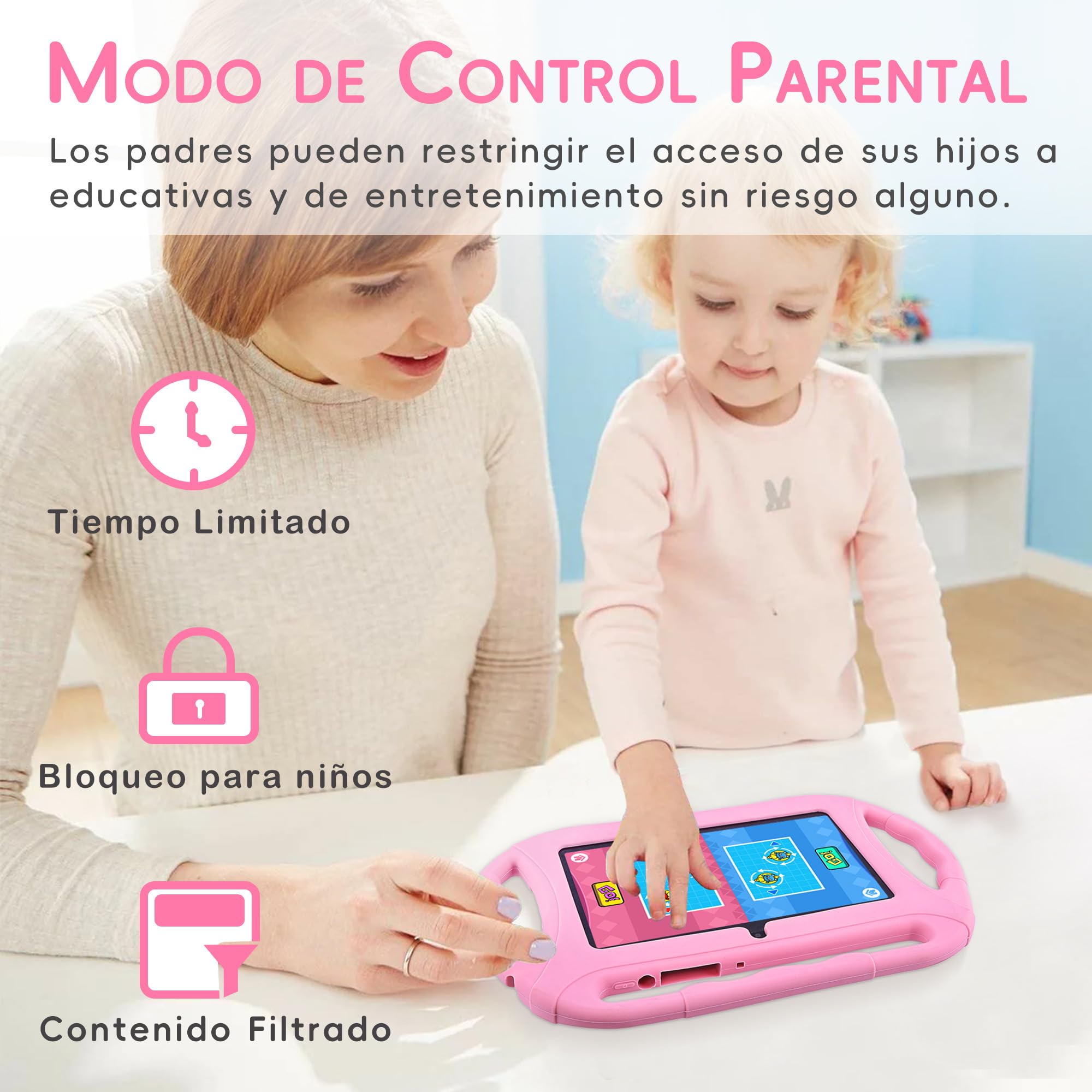 Veidoo Android Tablet para niños, 7 Pulgadas HD Tablet Infantil, 2GB RAM 32GB ROM, WiFi, Cámara Dual con Estuche, Control Parental, Juegos Educativos, Protección para Los Ojos(Rosa)