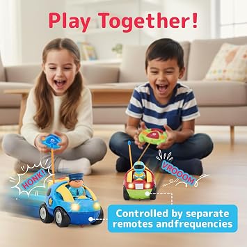PREXTEX 2 Pack Cartoon Remote Control Cars for Toddlers - Police Car and Race Car with Steering Wheel Controllers and Lights - Different Frequencies Racing Together - Easter Toddler Gift 18+ Months.