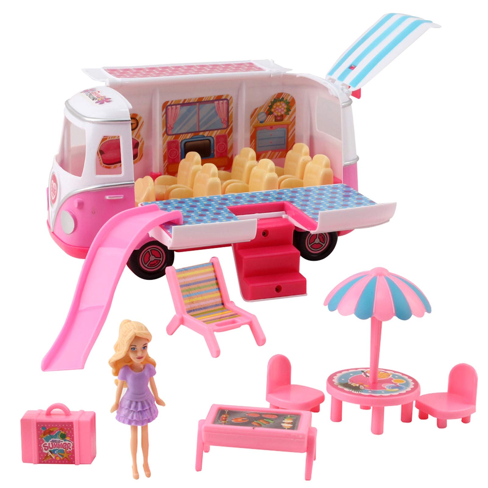 VokodoPicnic Adventure Van With Doll Figurine Includes Slide Patio Furniture And Wardrobe Kids Pretend Play Party Bus Cooking Truck Kitchen Vogue Toy Fashion Car Vehicle Great Gift For Girls Children
