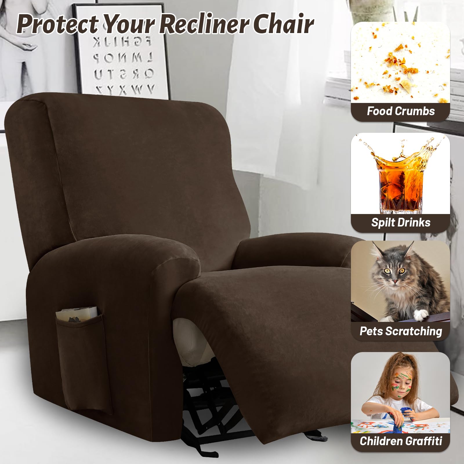 Alishomtll 4 Pieces Recliner Chair Covers, Stretch Velvet Recliner Sofa Covers - Image 4