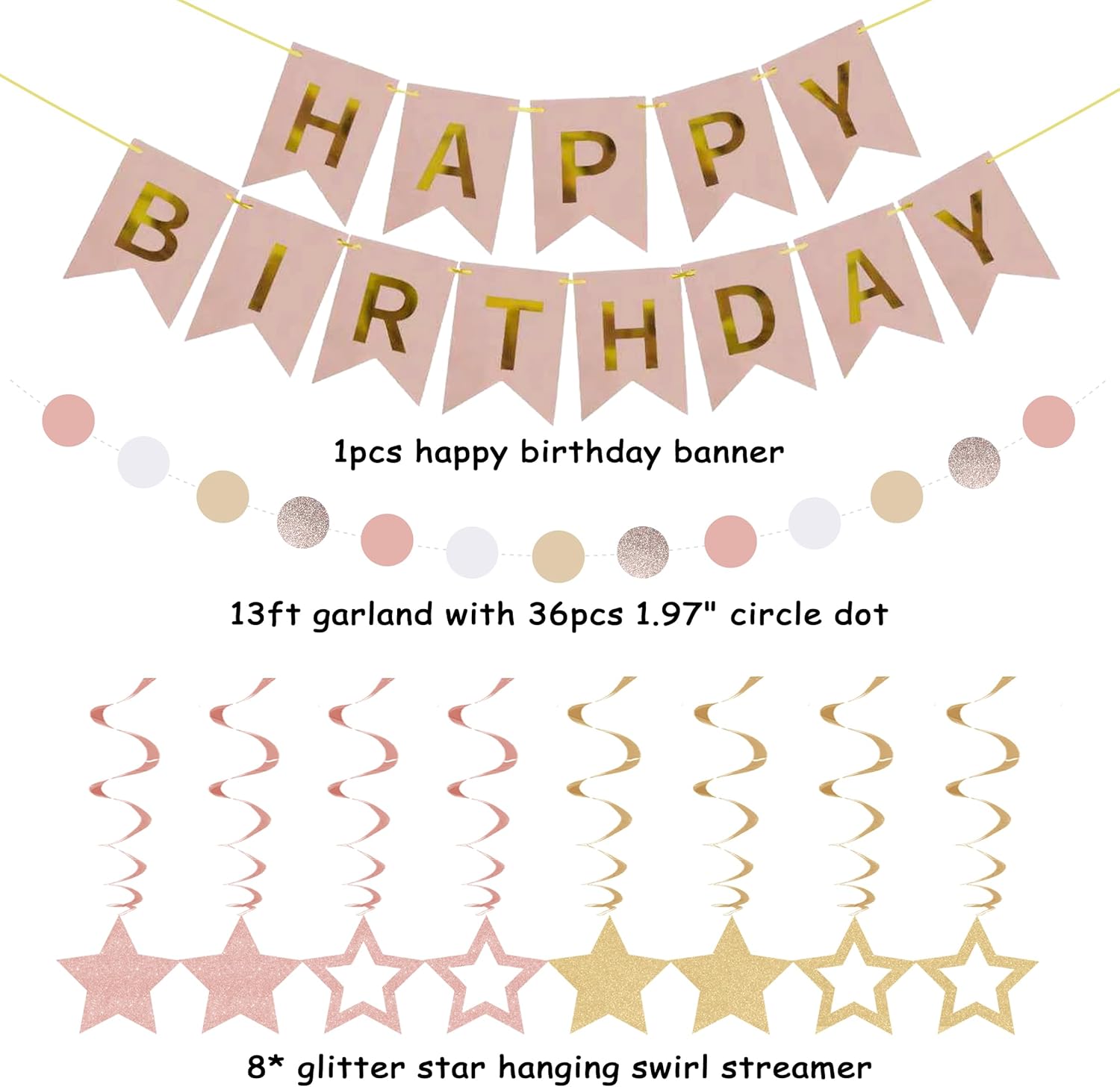 Blush Pink Birthday Party Decorations - 24pcs Women Girls Happy Birthday Banner with Star Streamers, Champagne Beige Tissue Pom Poms Decor, Boho Flower Fans Honeycomb Balls Supplies HOPULARITY