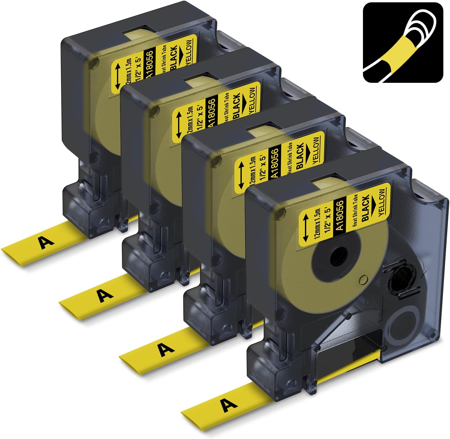 Industrial Labels Replace for DYMO 18056 A18056 12mm Heat Shrink Tube Label Compatible with DYMO Rhino 4200, 5200, 5000, 6000, 6000+ Industrial Label Maker, Black on Yellow, 1/2" x 4.9',4-Pack