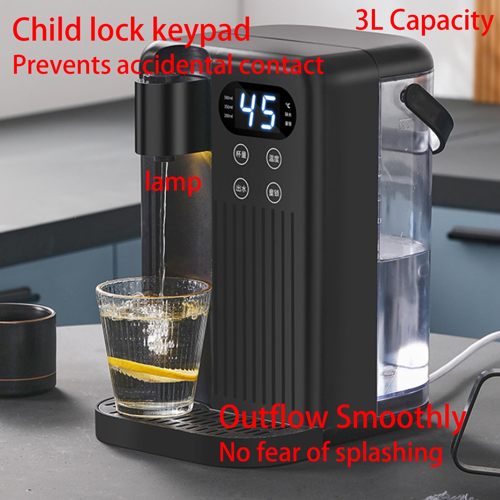 Dispensador instantáneo de agua caliente, pantalla táctil inteligente 3s Calor instantáneo, 12 niveles de temperatura del agua, 3L de gran capacidad para cocinas, dormitorios, vehículos recreativos, s