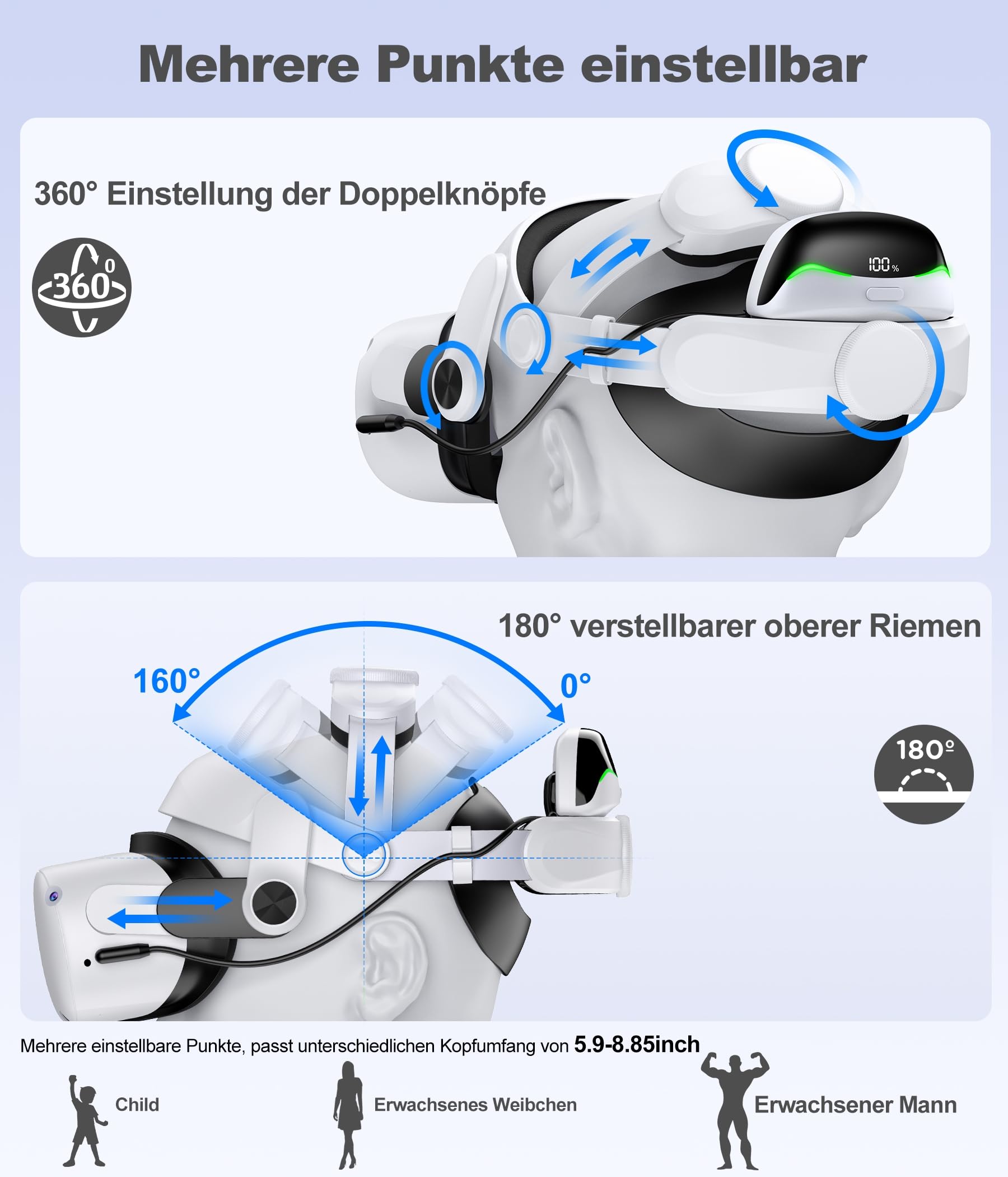 Elegamefy MQ4000 Series Double Knobs Sangle réglable pour Meta Quest 3/2, Elite Strap avec batterie magnétique et station de charge, prolonge la durée de lecture, charge rapide pour Oculus VR