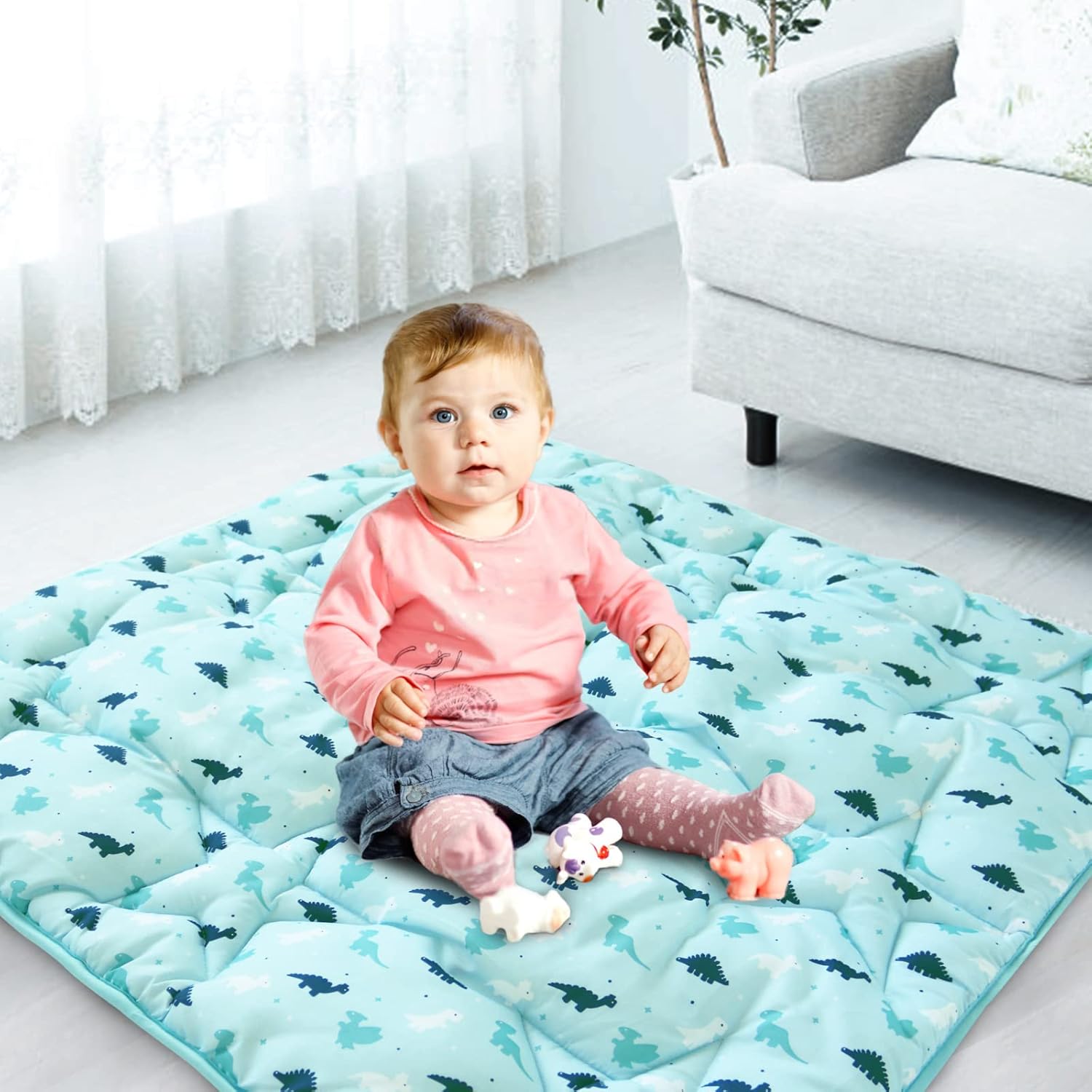 Baby Play Mat for 36'' x 36'' Playpen, Baby Mat for Floor Thicker, Playmat for Babies and Toddlers, Non Slip Cushioned Baby Crawling Mat for Playpen, Easy Clean Foam Play Mat, Dinosaur Aqua 36'' x 36''