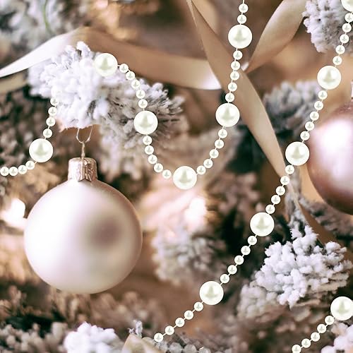 Miniatura 5 de Pangda Guirnalda de cuentas de árbol de Navidad de 65.6 pies, cadena de hilos de perlas de plástico para decoración de bodas de Navidad (marfil)