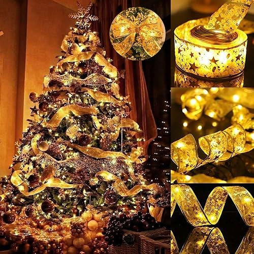Luces de cinta de Navidad doradas de 64 pies con 200 luces LED mejoradas, alimentadas por batería, alambre de cobre, lazos para decoración de