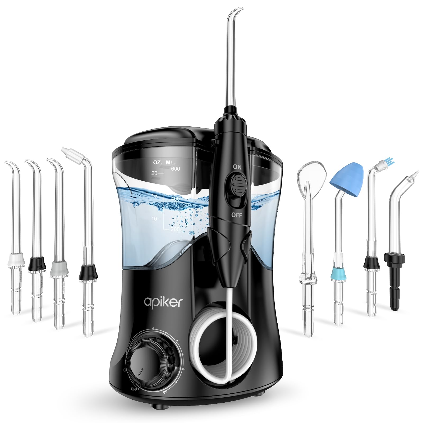 Apiker Irrigador Dental Profesional con 8 Boquillas Multifuncionales, Irrigador Bucal con Capacidad de 600ml, 10 Ajustes de Presión del agua, Limpieza Dientes, Aprobado por la FDA, Negro