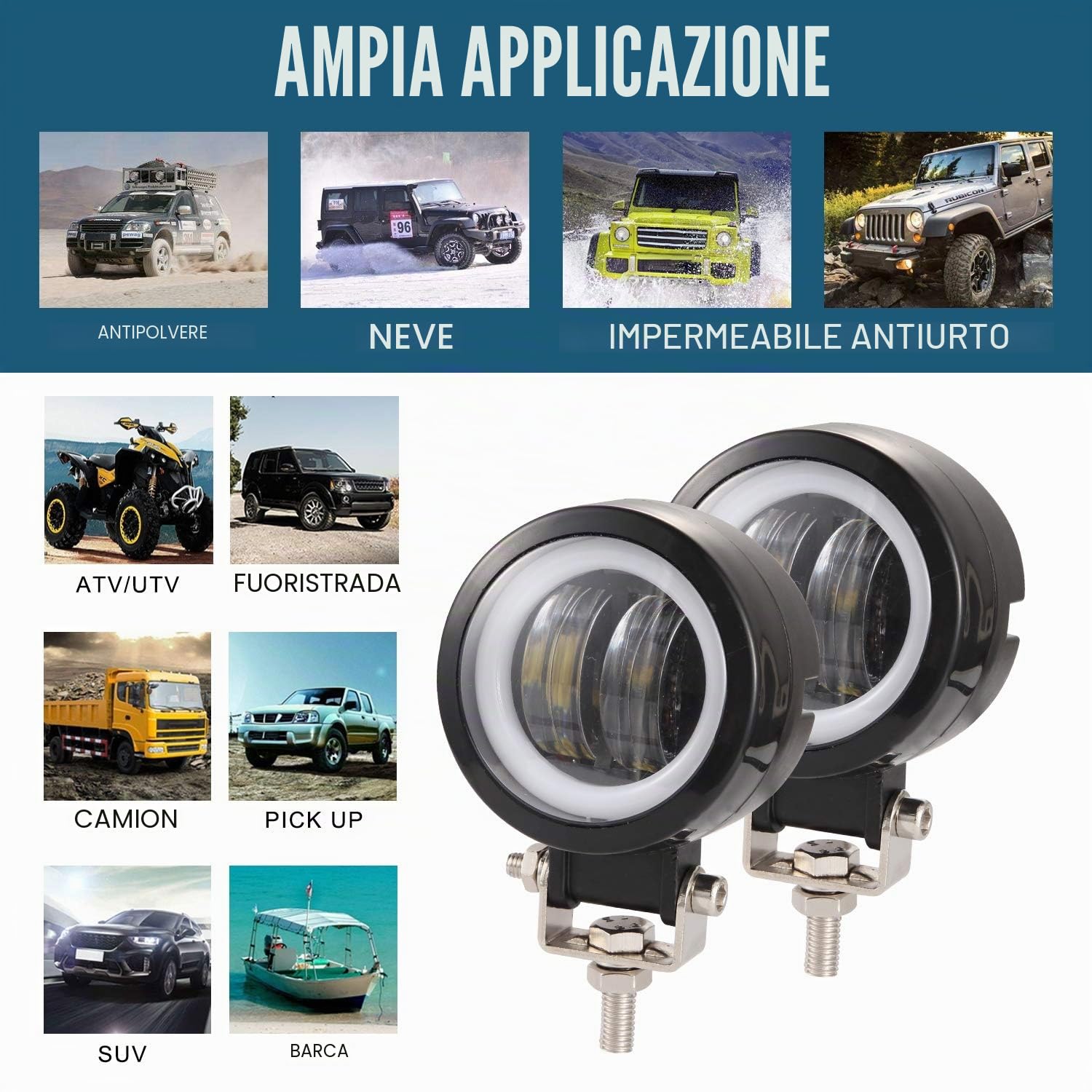 YUGAUNG 3" Coppia Fendinebbia a LED Rotondi da DRL Angel Eyes 6000K 80W 8000lm 10-80V DC Led Project White SUV Motorcycles IP68 Staffe Montaggio Regolabili Impermeabili Regolabili.