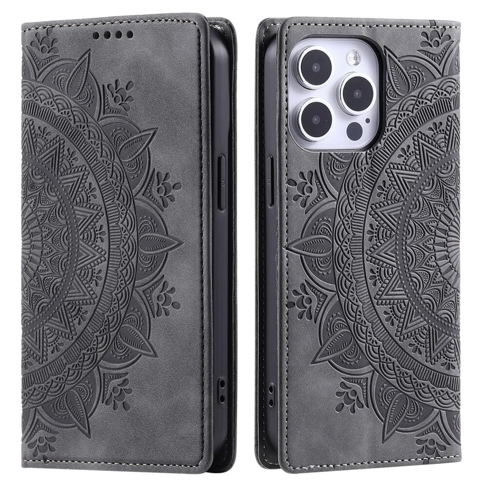 Étui portefeuille iPhone 16 Pro gris à rabat magnétique robuste - 7