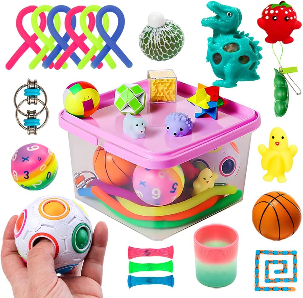 Sensory Fidget Toys Set, 27pcs Stress Relief and Anti-Anxiety Tools Bundle for Kids and Adults, Marble and Mesh, Pack of Squeeze Balls, Soybean Squeeze, Flippy Chain