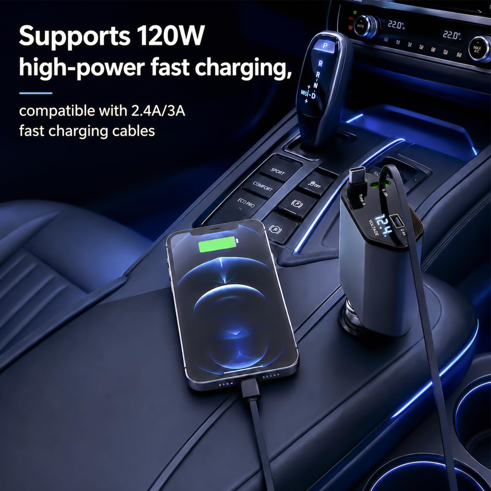 4 in 1 Kfz-Ladegerät USB C, Auto Ladegerät mit Einziehbarem Kabel, Zigarettenanzünder 12V/24V, Digital Spannungsanzeige, PD USB C, USB A, Autoladegerät für iPhone 17/16/15, Samsung Galaxy S25/S24