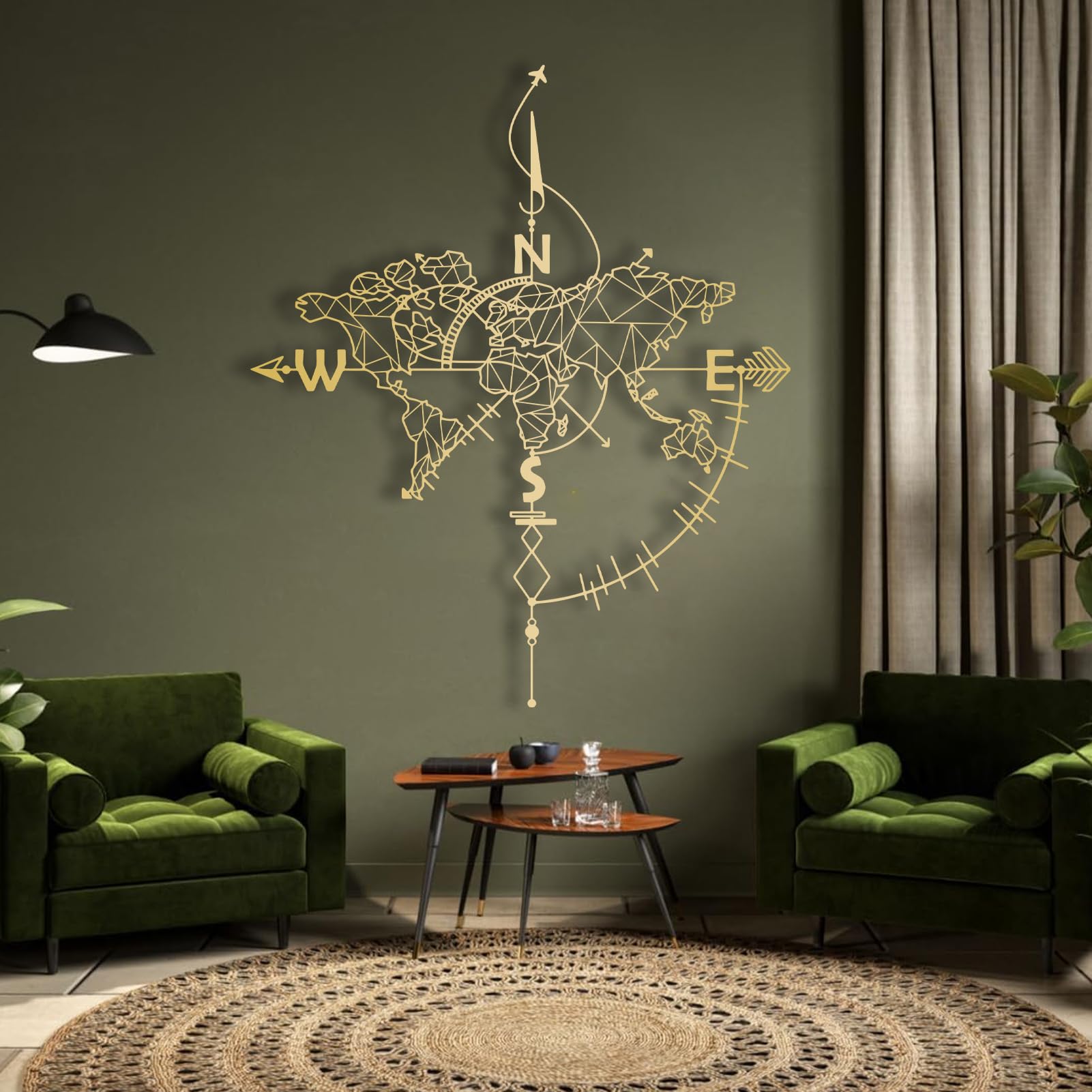 Mapa del Mundo de Metal Dorado para Pared, brújula de Metal, decoración Moderna para Oficina y hogar, Escultura Moderna para Sala de Estar, Dormitorio, Pasillo y escaleras (Dorado, 47" de la