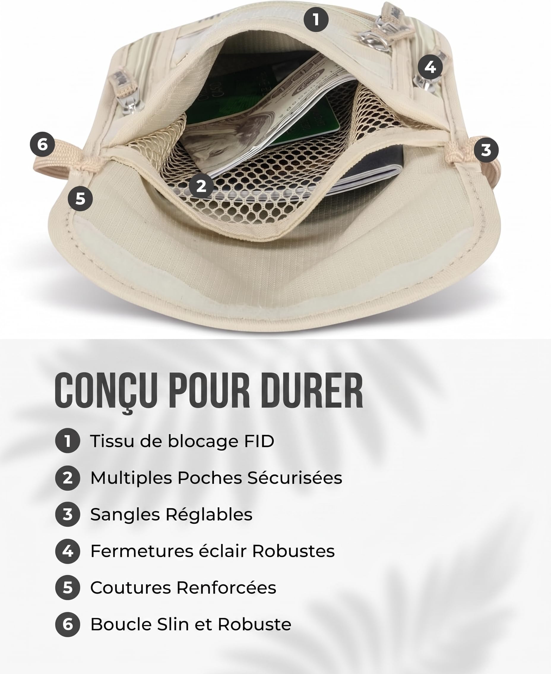 Boxiki Travel Pochette Tour de Cou RFID Beige - Porte-Passeport Voyage Antivol avec 5 Compartiments, Sacoche Cachée sous Vêtements en Nylon Ripstop Imperméable pour Femme Homme