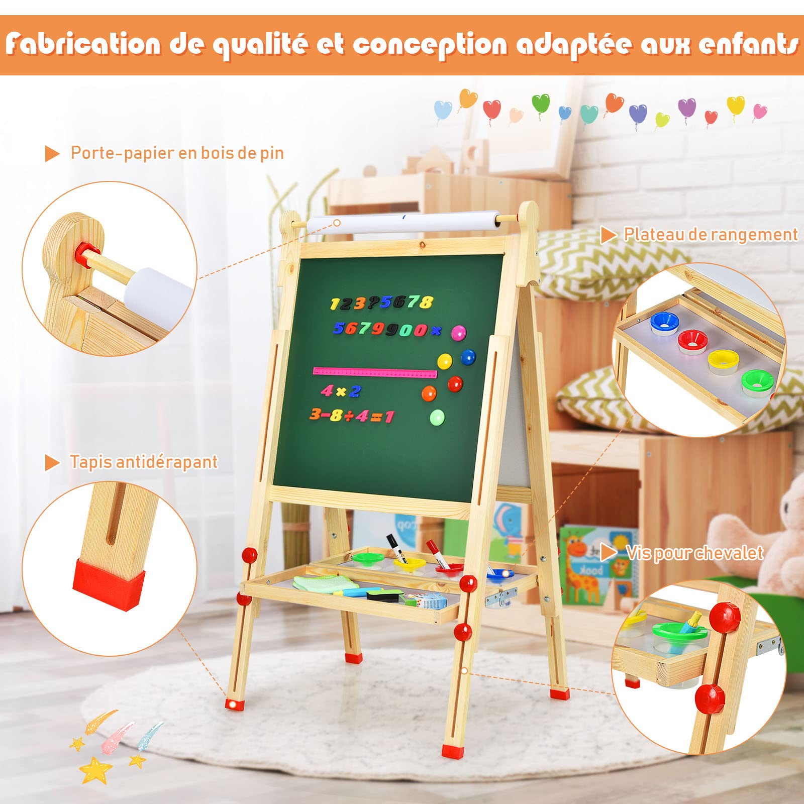 COSTWAY Chevalet Pliable en Bois pour Enfants, 3 en 1 Tableau à Dessin Réglable en Hauteur avec Tableau Noir & Blanc, Rouleau de Papier, Plateau de Rangement et Accessoires Complets, Naturel