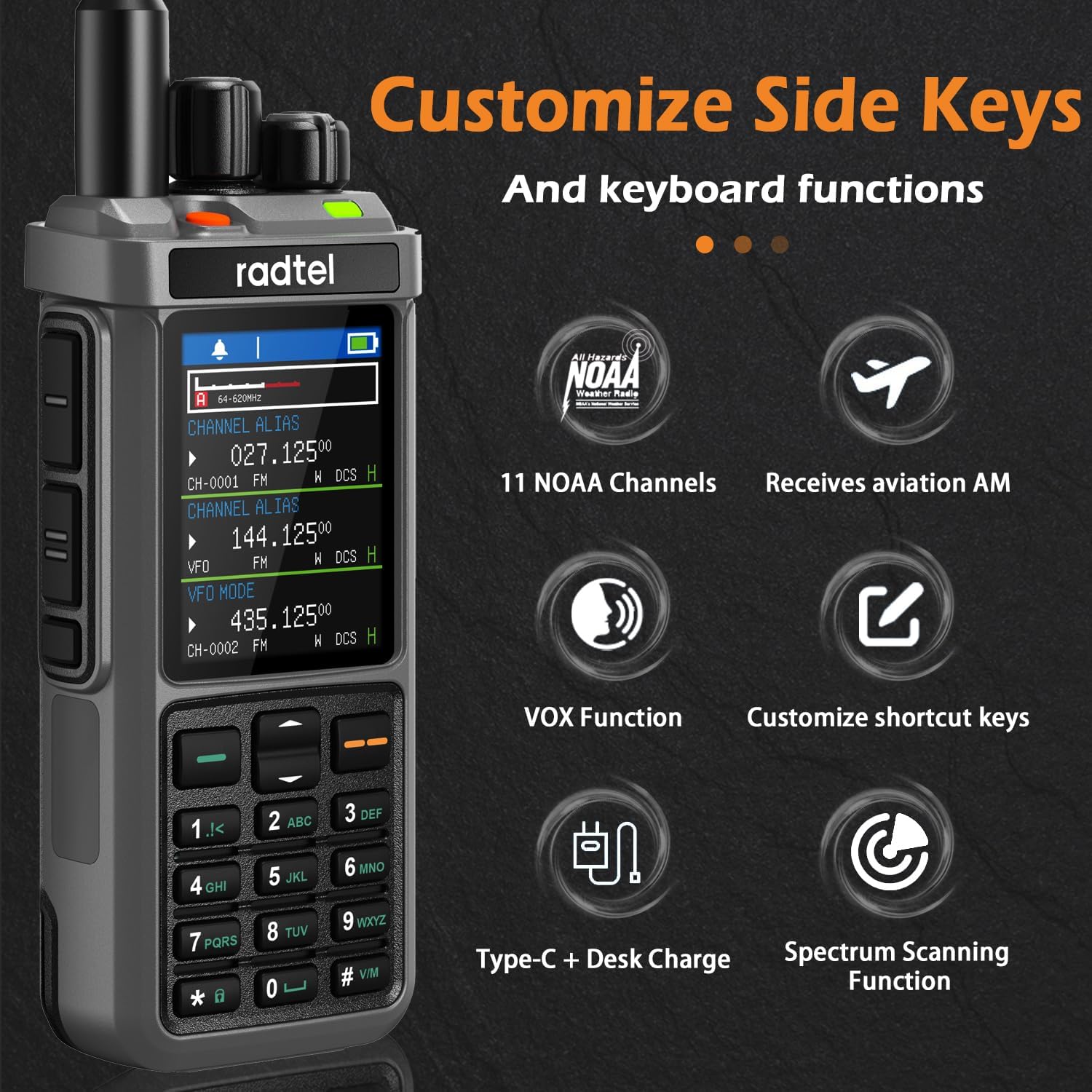 Radtel RT-880G showing customizable side keys and features like VOX, NOAA, and Spectrum Scanning