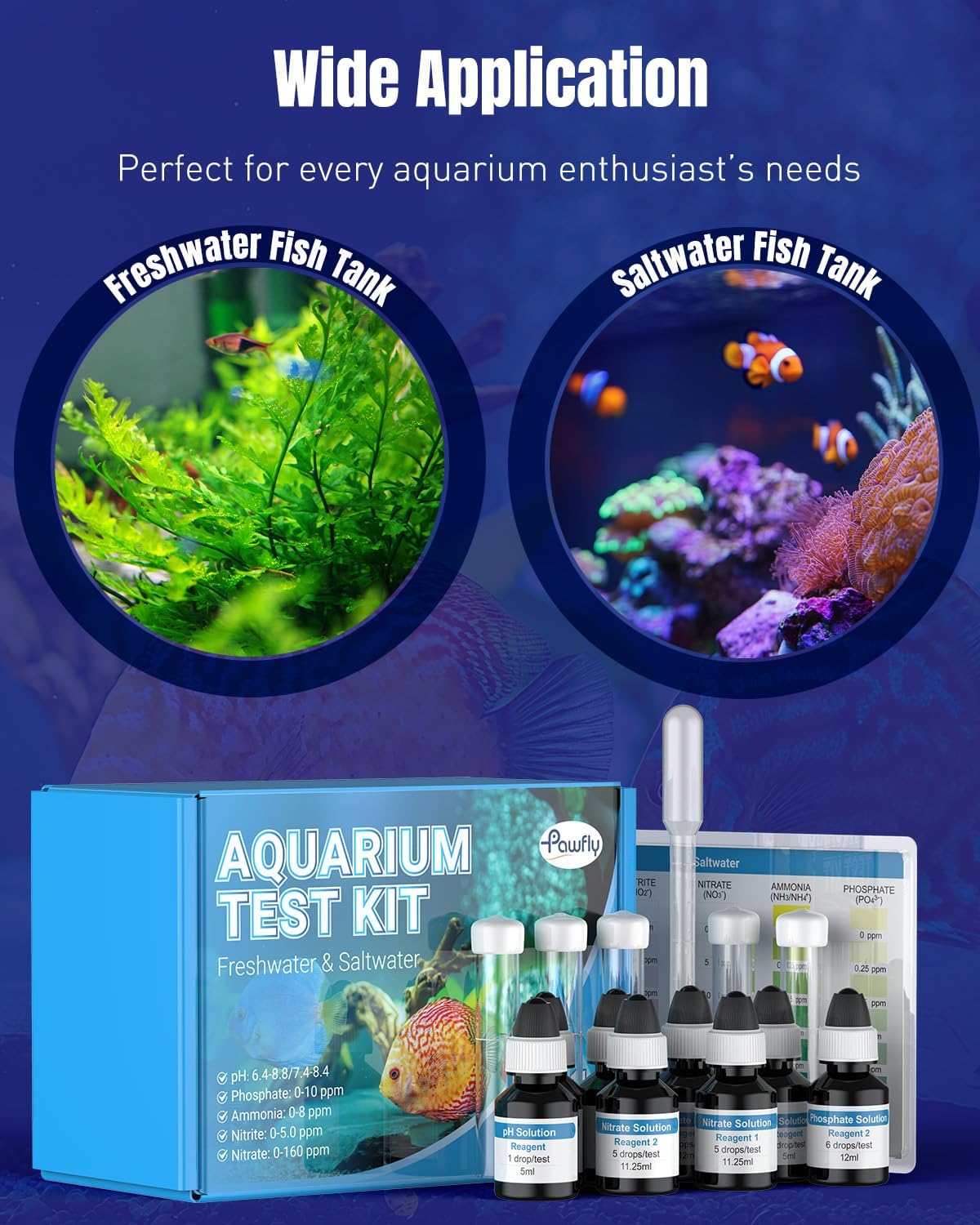 Pawfly Kit Test Acquario 5 in 1, Tester per PH Nitriti Nitrati Ammoniaca & Fosfati per Acqua Dolce e Salata, Set Analisi per Vasche Pesci