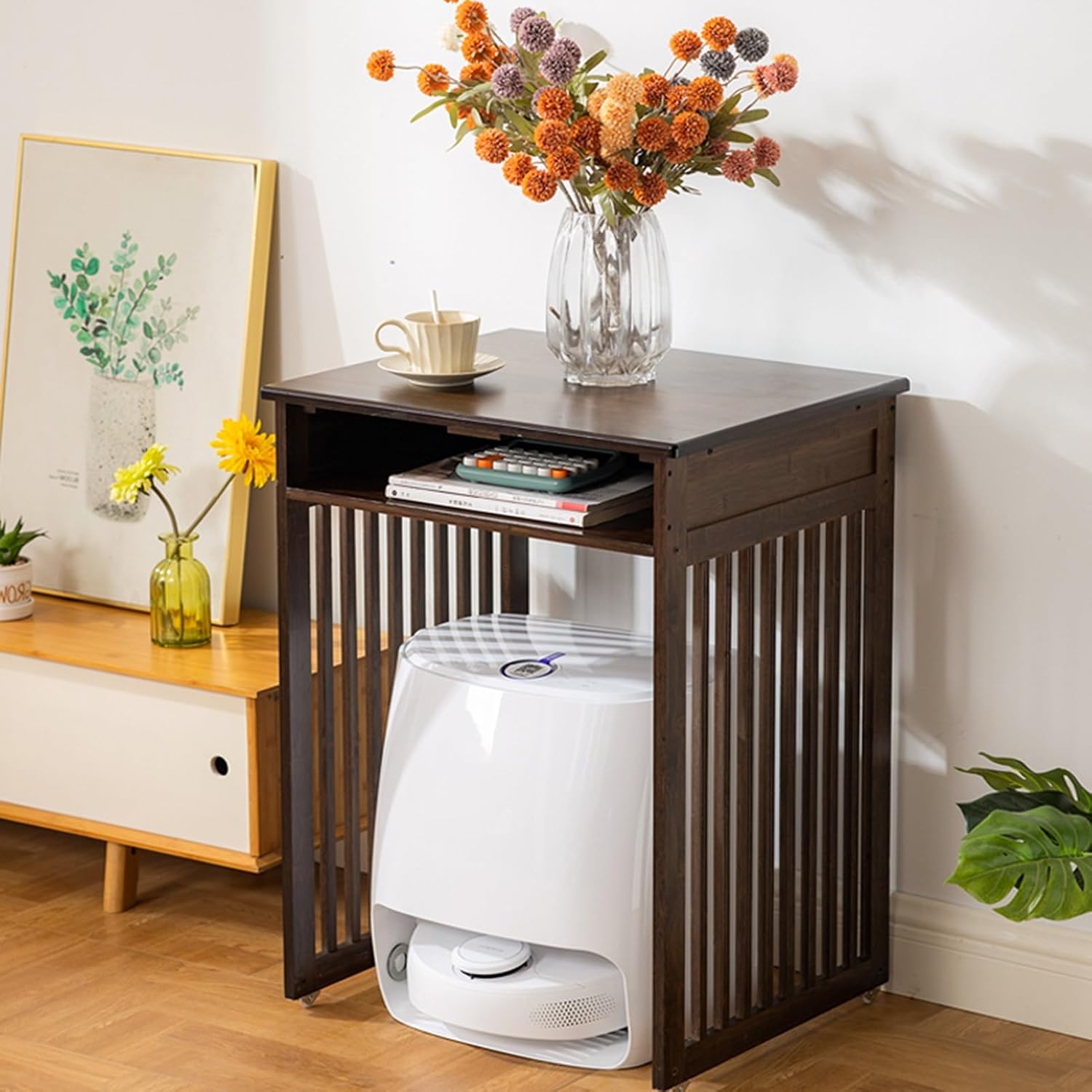 HARELA Mobile Robot Vacuum Storage Cabinet Side Table with Drawers, Smart Floor Sweeper Hidden Storage Rack, Wood Organizer Stand for Sweeping Robot Vacuum(Wood,55.5 * 75cm/21.8 * 29.5in)