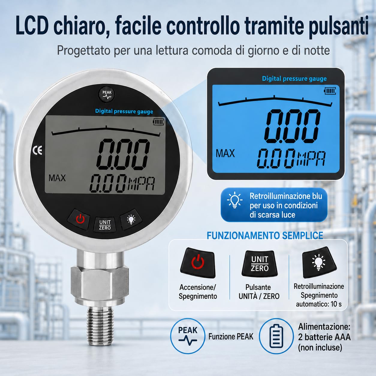 Manometro 0-400 bar, 0-40 Mpa 0-5800 psi Mini Digitale con connettore G1/4 per Aria, Acqua, Olio