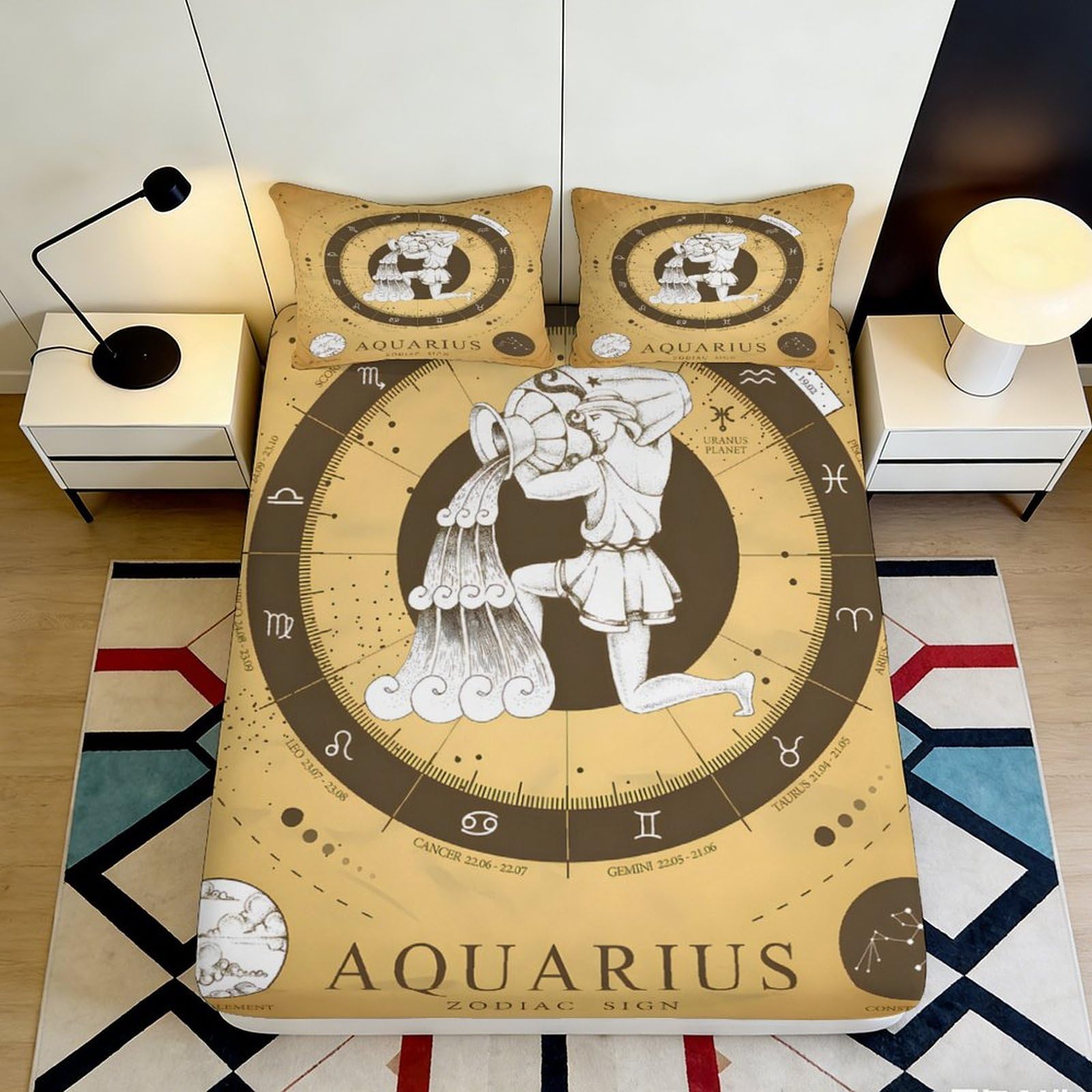 Uynsixtme Style-5 3D Printed Aquarius Zodiac Pattern Fitted Sheet Microfiber Deep Pocket Bedroom Bedding Non-Slip Aquarius Mattress Fitted Cover Washable 140X200x25cm