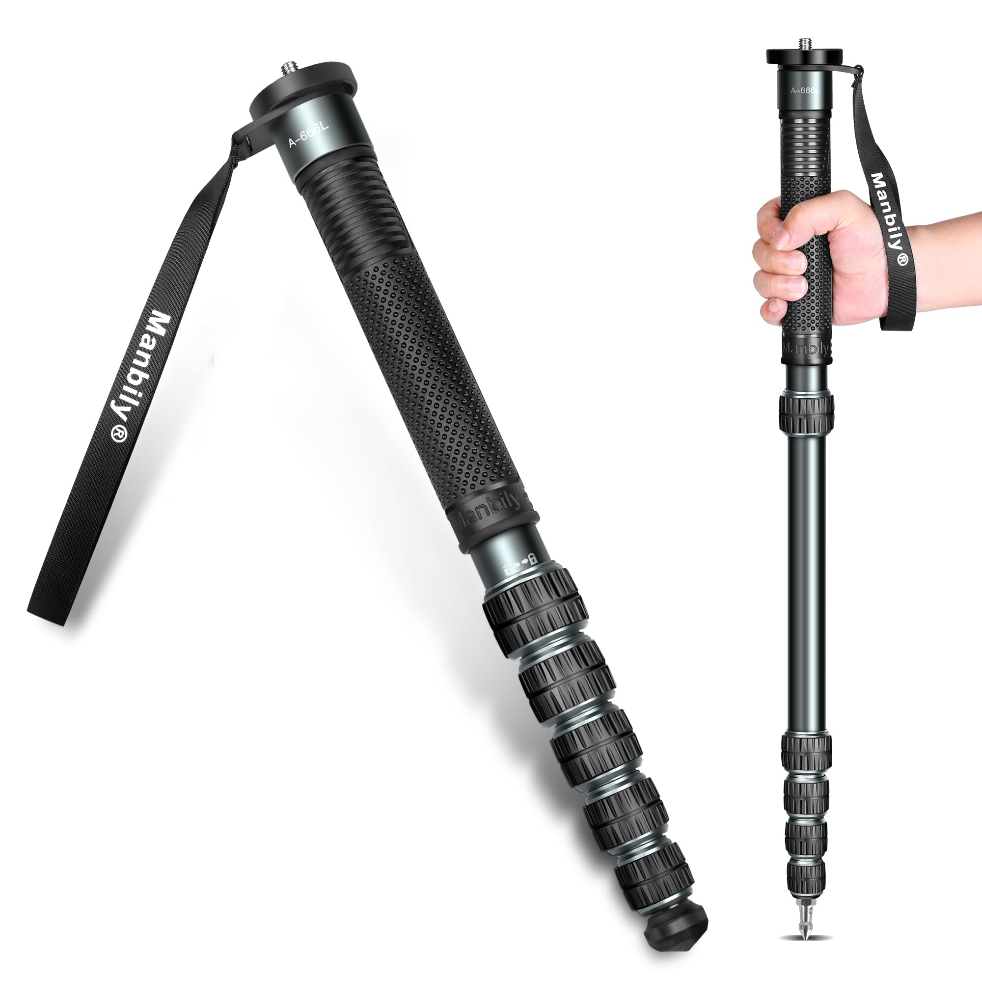 Manbily A-666L 32mm Einbeinstativ für Kameras 44cm-174cm aus Aluminium Monopod Stativ DSLR Reise-Einbeinstativ 6 Abschnitte Wanderstöcke Max. 15KG, 1/4 & 3/8 Zoll Videokamera (Metallgrau)