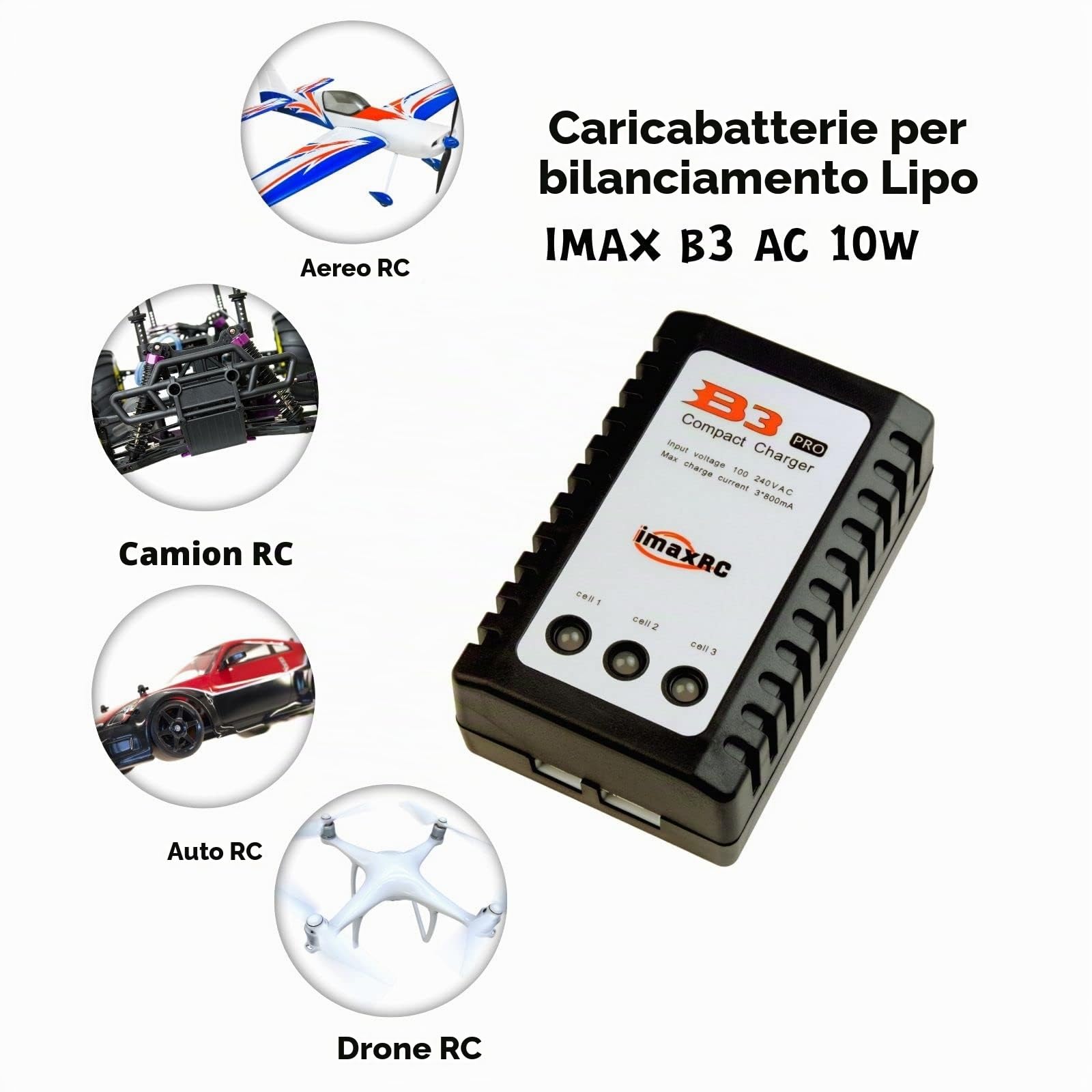 IMAX B3AC 10W Caricabatterie semplice compatto per batterie LiPo 2S/3S 7.4V/11.1V, caricabatterie semplice LiPo per quadcopter RC droni auto barche