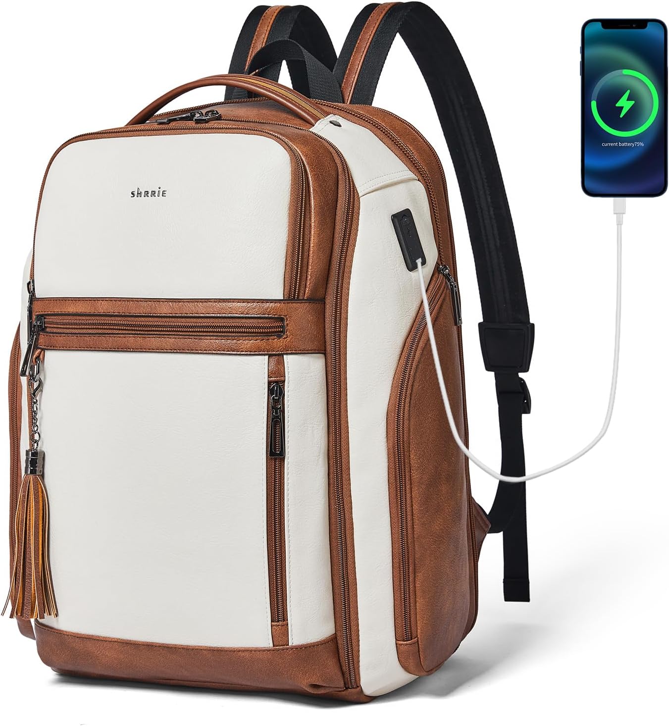 Shrrie Leather Backpack for Women, 17 Inch TSA Travel Backpack with USB Charger, 48L Expandable Large Capacity Computer Backpack Purse for Work Business Travel, Beige