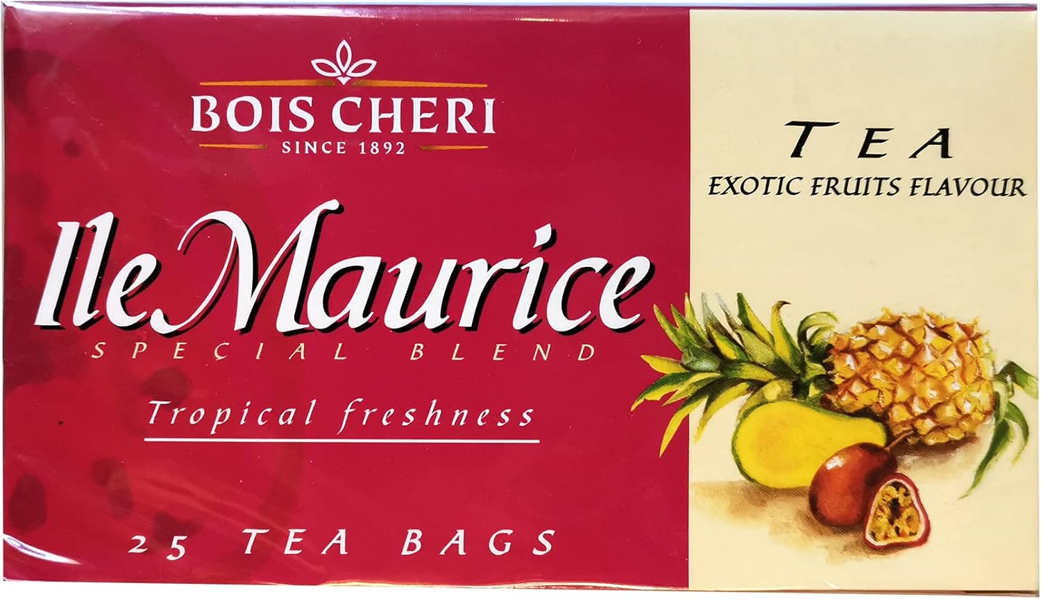 Thé Bois Chéri Ile Maurice Saveur fruits exotiques, boite de 25 sachets fraicheur 50g Thé Bois Chéri Ile Maurice Saveur fruits exotiques, boite de 25 sachets fraicheur 50g