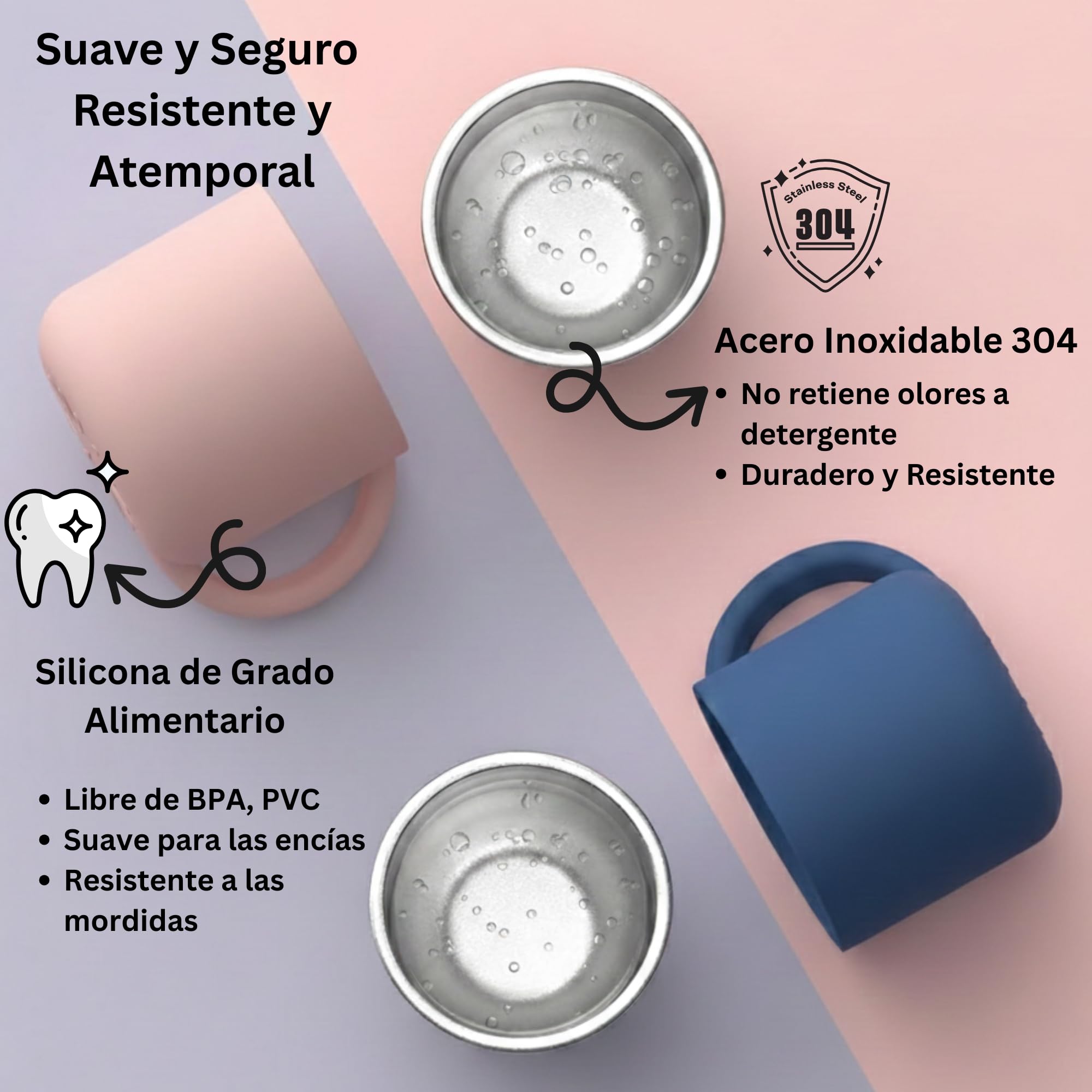 Set Bebé 4 Piezas 2en1 Acero Inoxidable + Silicona | Cuenco y Vaso Desmontables con Ventosa + Cubiertos BLW | Sin BPA Apto Lavavajillas | Alimentación Complementaria 6 Meses (Rosa)