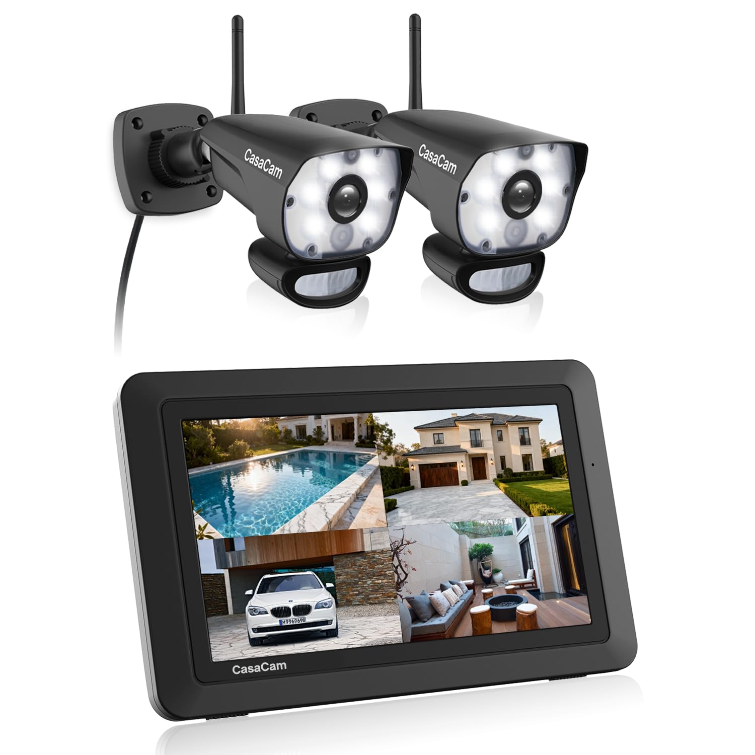 CasaCam GuardianCam Air | 7" Touchscreen Monitor with 2 Spotlight HD Cameras | Wireless Security Camera System, AC Powered, Two-Way Audio, Free APP, SD Card and Battery Installed, Model VS1002